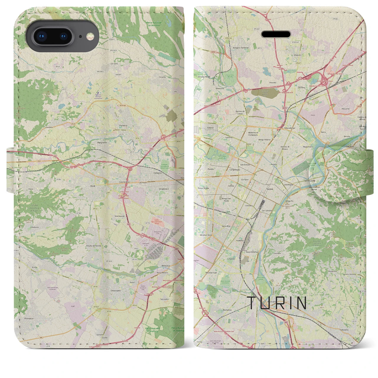 【トリノ(イタリア)】地図柄iPhoneケース(手帳タイプ)ナチュラル・iPhone 8Plus /7Plus / 6sPlus / 6Plus 用