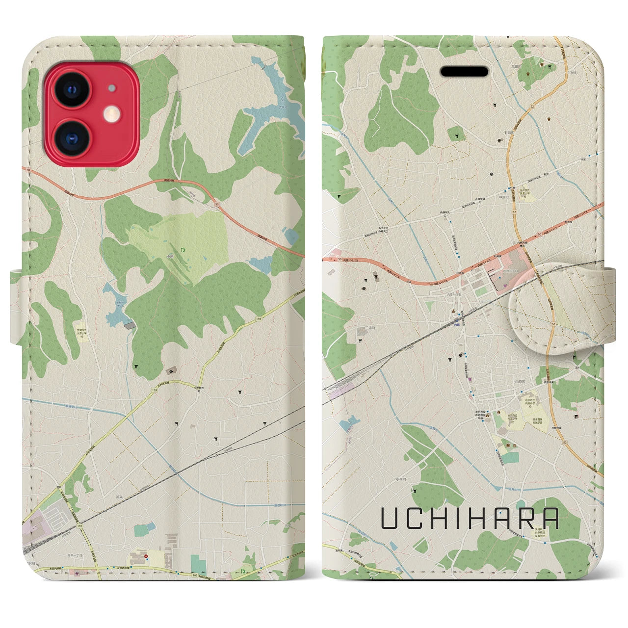 【内原(茨城県)】地図柄iPhoneケース(手帳タイプ)ナチュラル・iPhone 11 用