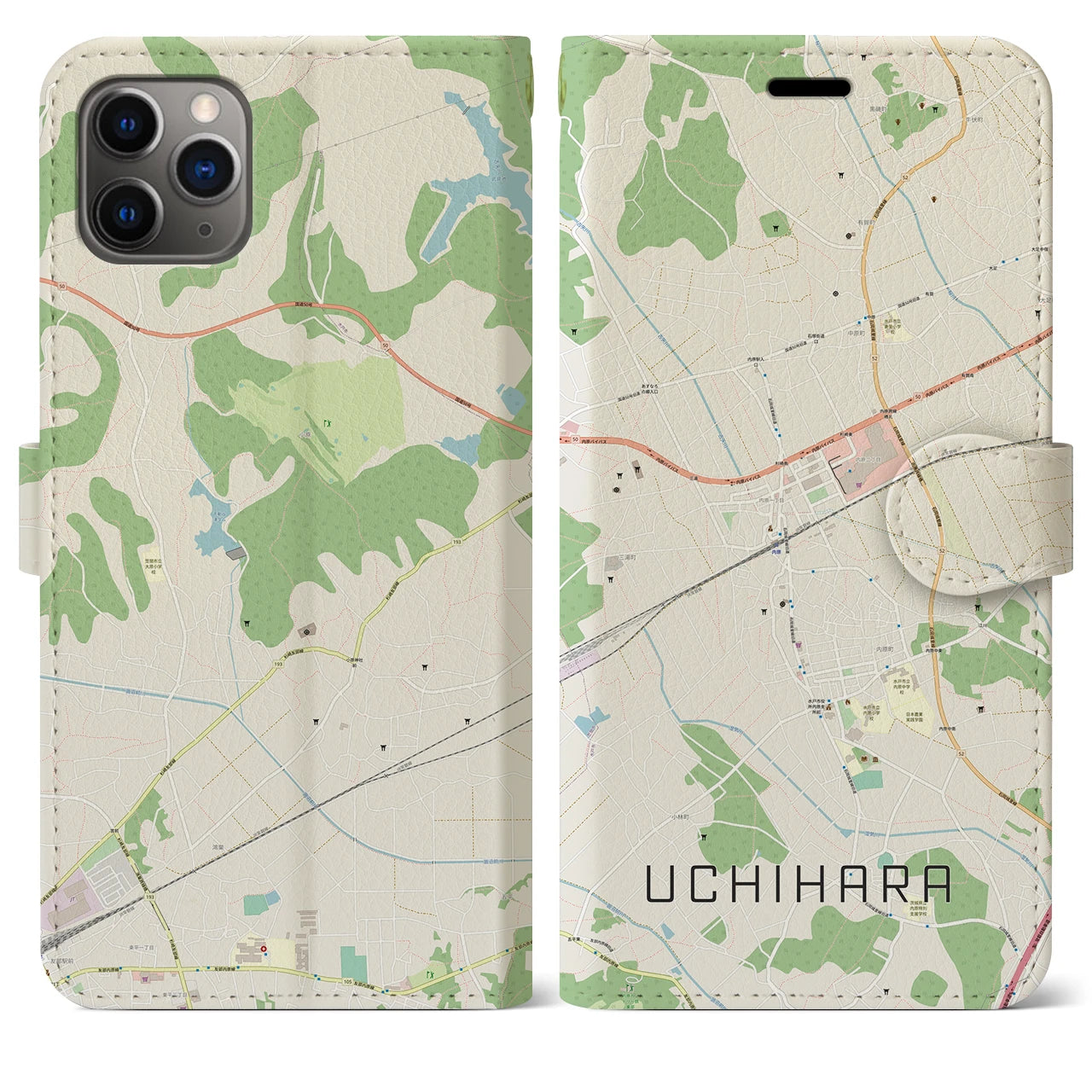 【内原(茨城県)】地図柄iPhoneケース(手帳タイプ)ナチュラル・iPhone 11 Pro Max 用