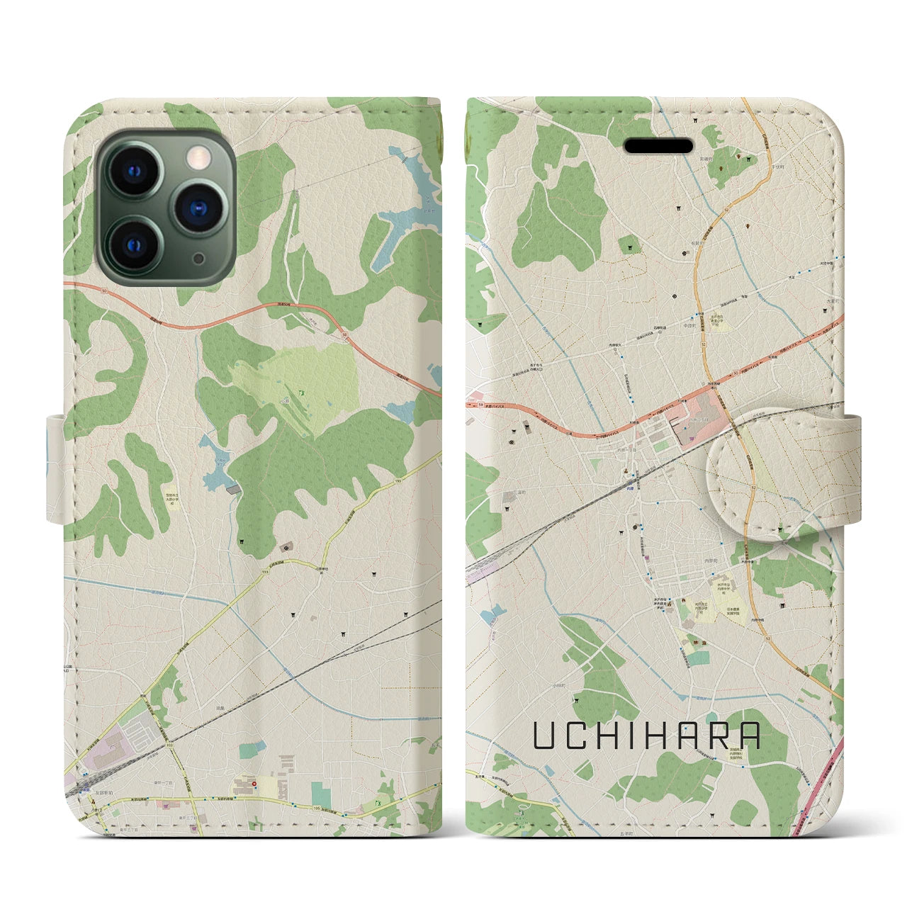 【内原(茨城県)】地図柄iPhoneケース(手帳タイプ)ナチュラル・iPhone 11 Pro 用