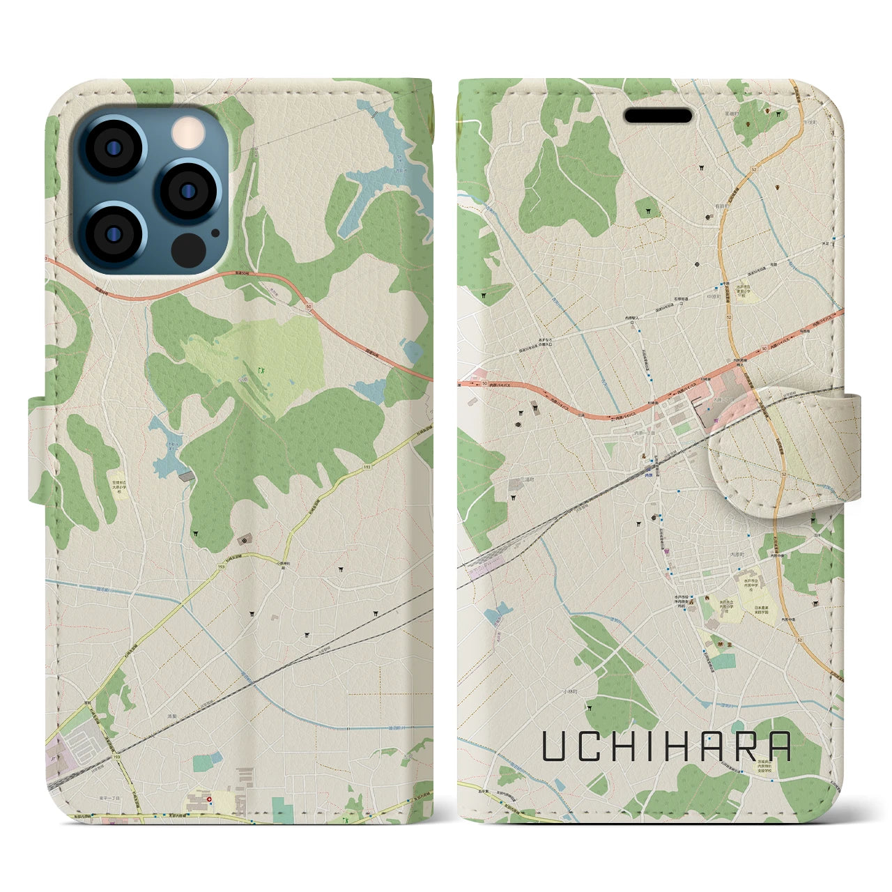【内原(茨城県)】地図柄iPhoneケース(手帳タイプ)ナチュラル・iPhone 12 / 12 Pro 用