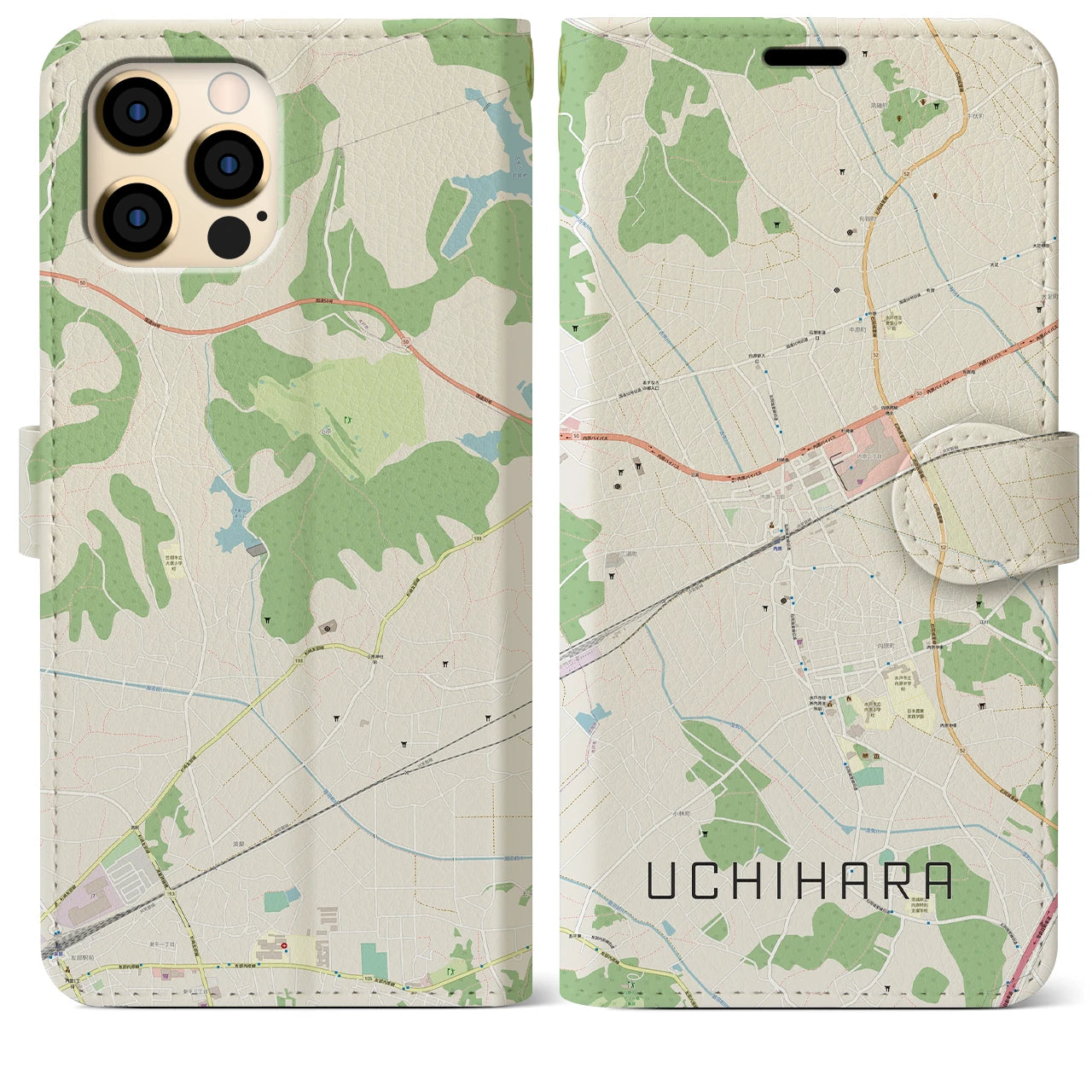 【内原(茨城県)】地図柄iPhoneケース(手帳タイプ)ナチュラル・iPhone 12 Pro Max 用