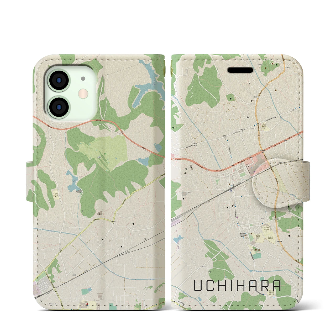 【内原(茨城県)】地図柄iPhoneケース(手帳タイプ)ナチュラル・iPhone 12 mini 用