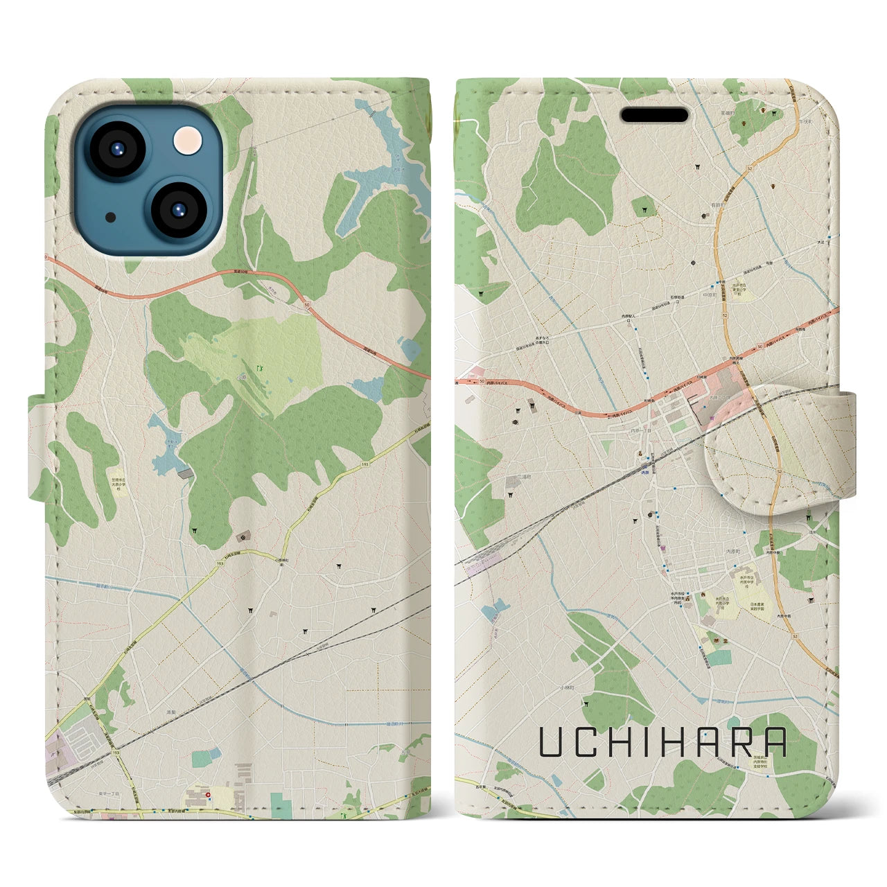 【内原(茨城県)】地図柄iPhoneケース(手帳タイプ)ナチュラル・iPhone 13 用