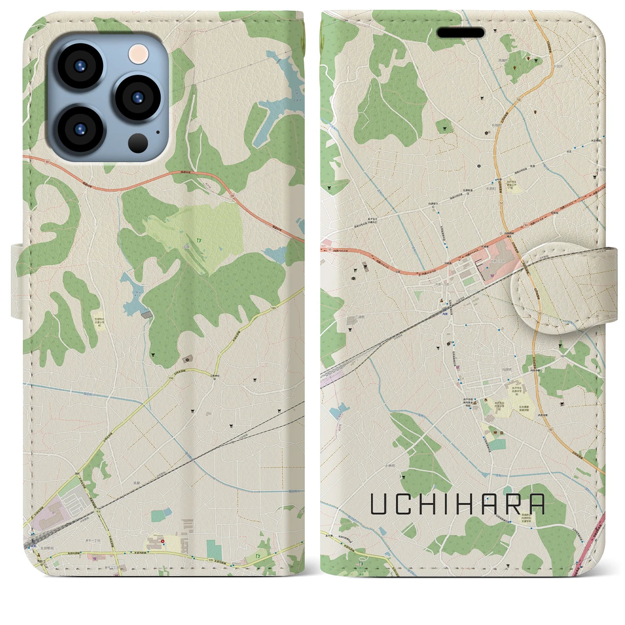 【内原(茨城県)】地図柄iPhoneケース(手帳タイプ)ナチュラル・iPhone 13 Pro Max 用