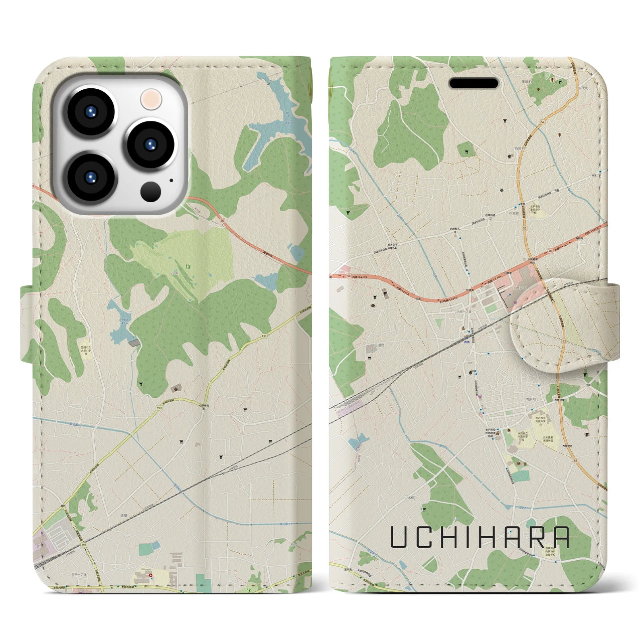 【内原(茨城県)】地図柄iPhoneケース(手帳タイプ)ナチュラル・iPhone 13 Pro 用
