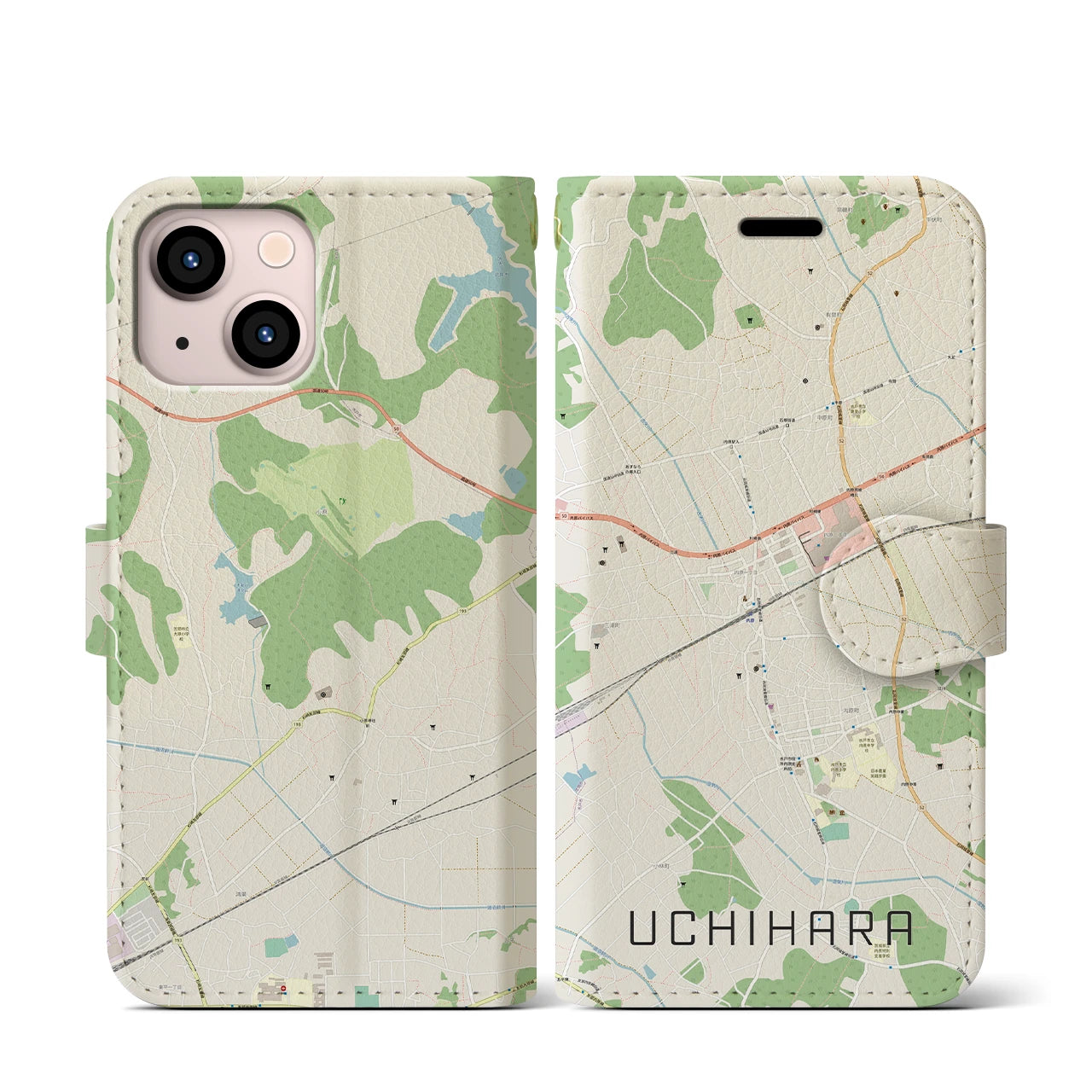 【内原(茨城県)】地図柄iPhoneケース(手帳タイプ)ナチュラル・iPhone 13 mini 用