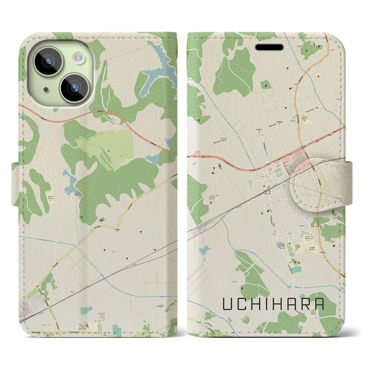 【内原(茨城県)】地図柄iPhoneケース(手帳タイプ)ナチュラル・iPhone 15 用