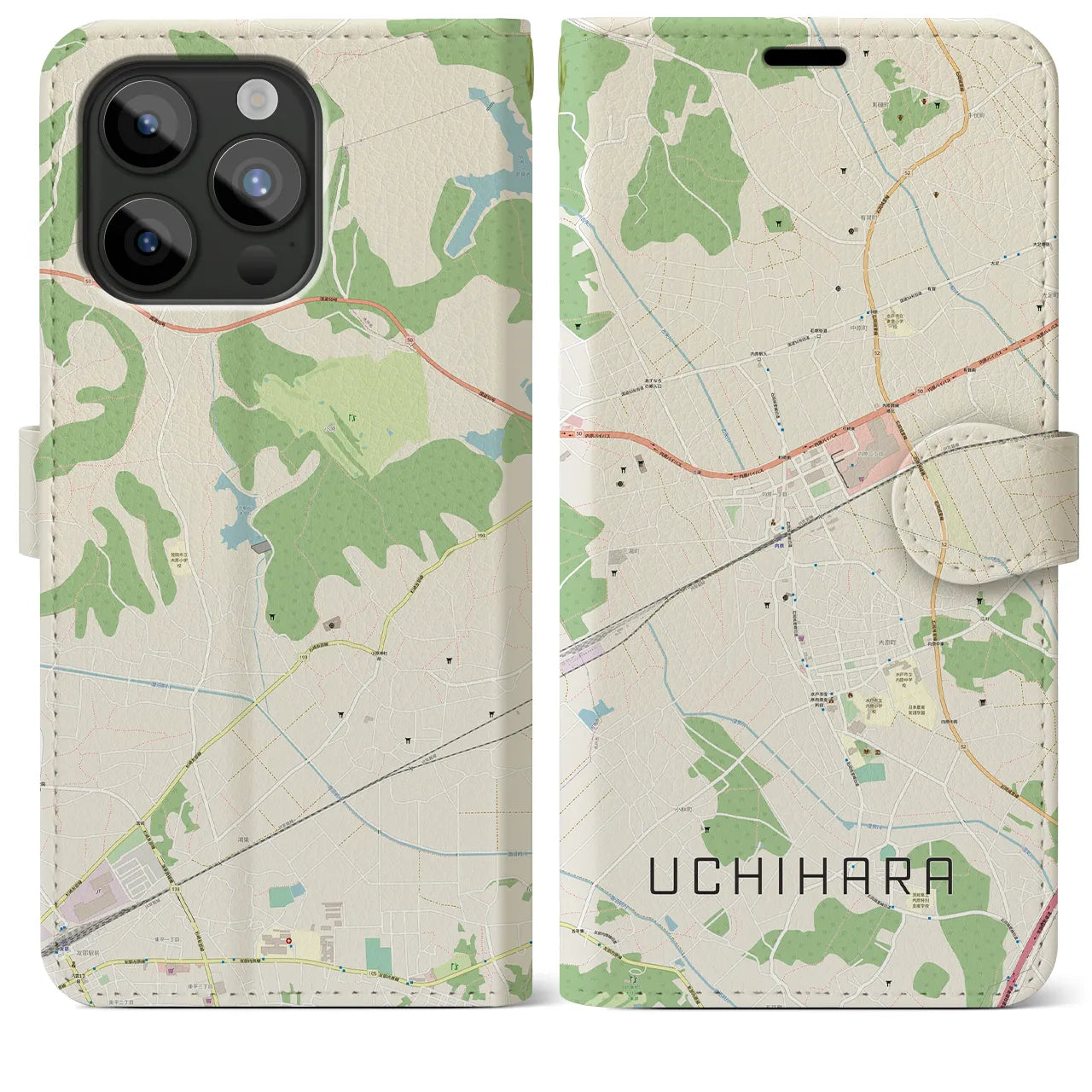 【内原(茨城県)】地図柄iPhoneケース(手帳タイプ)ナチュラル・iPhone 15 Pro Max 用