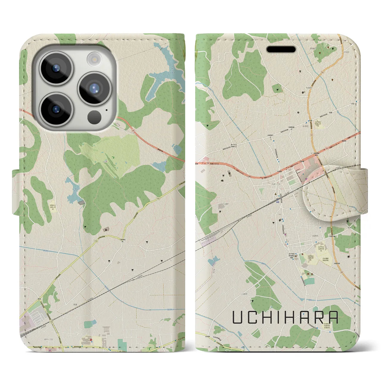 【内原(茨城県)】地図柄iPhoneケース(手帳タイプ)ナチュラル・iPhone 15 Pro 用