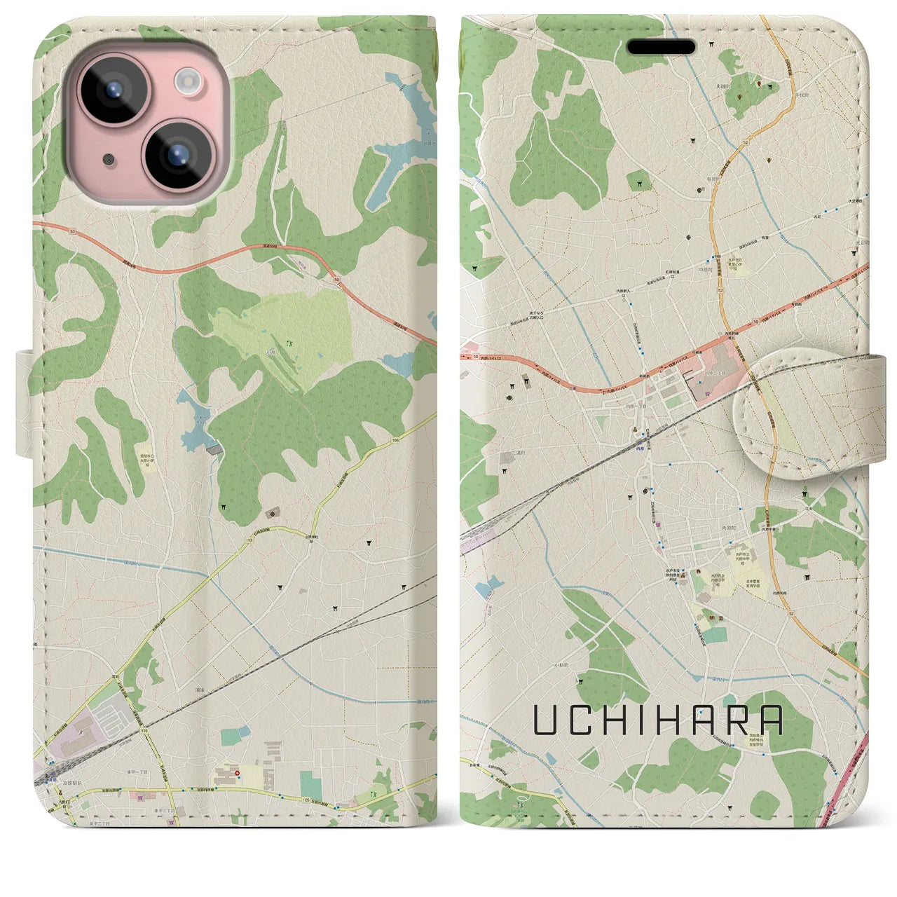 【内原(茨城県)】地図柄iPhoneケース(手帳タイプ)ナチュラル・iPhone 15 Plus 用