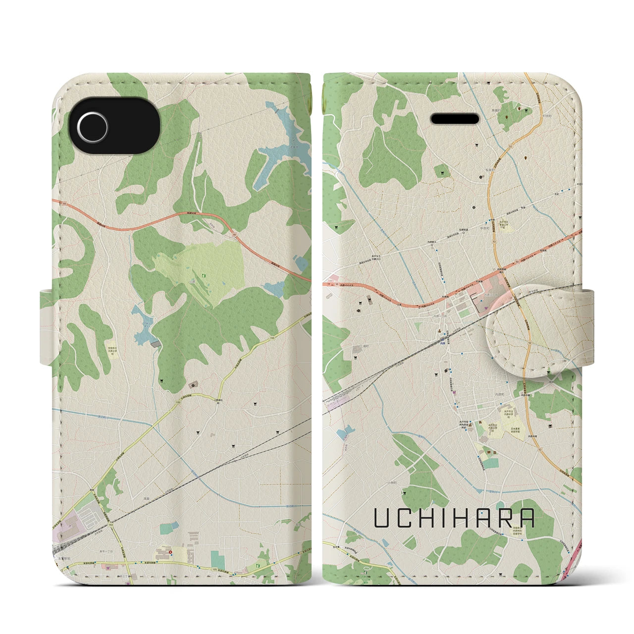 【内原(茨城県)】地図柄iPhoneケース(手帳タイプ)ナチュラル・iPhone SE(第3 / 第2世代) / 8 / 7 / 6s / 6 用