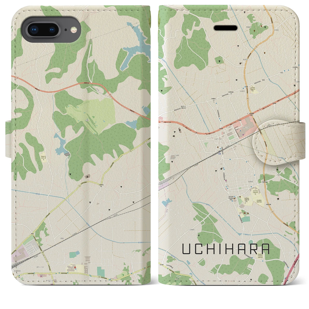 【内原(茨城県)】地図柄iPhoneケース(手帳タイプ)ナチュラル・iPhone 8Plus /7Plus / 6sPlus / 6Plus 用