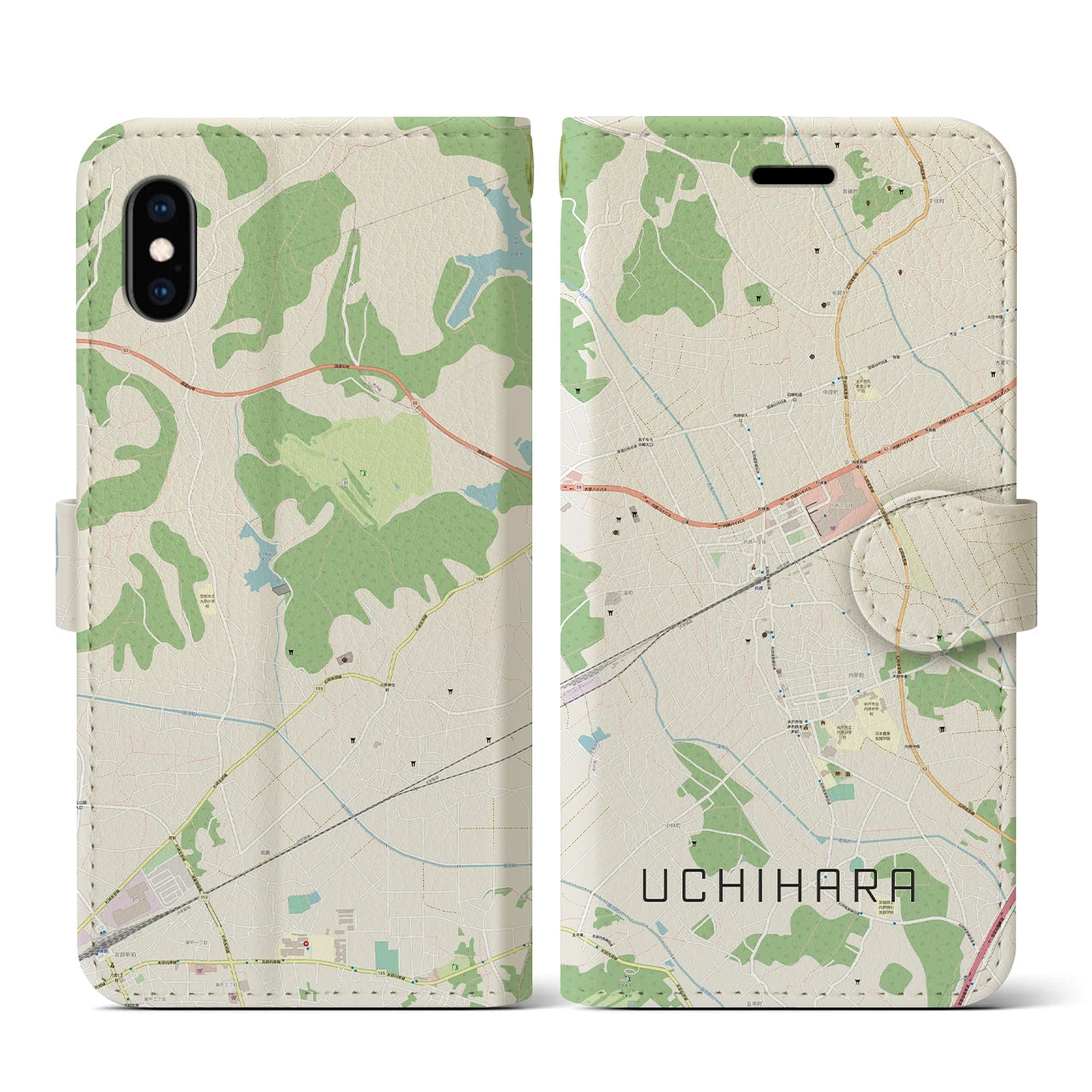 【内原(茨城県)】地図柄iPhoneケース(手帳タイプ)ナチュラル・iPhone XS / X 用