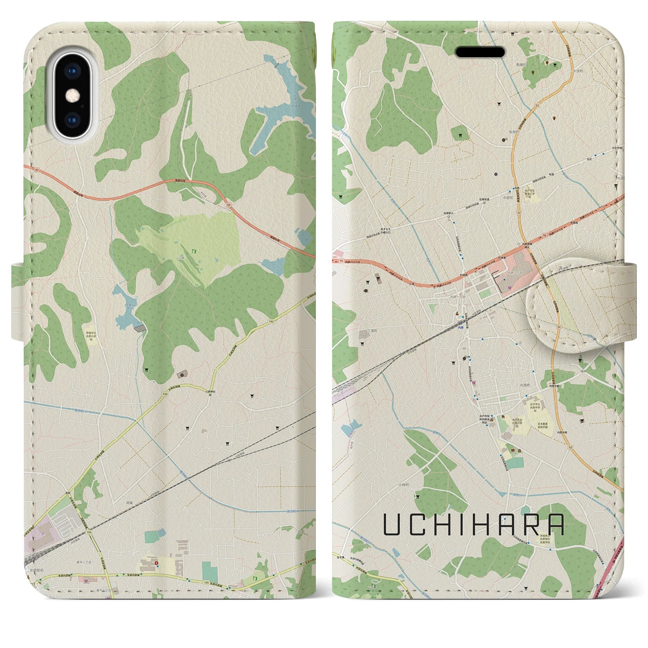 【内原(茨城県)】地図柄iPhoneケース(手帳タイプ)ナチュラル・iPhone XS Max 用