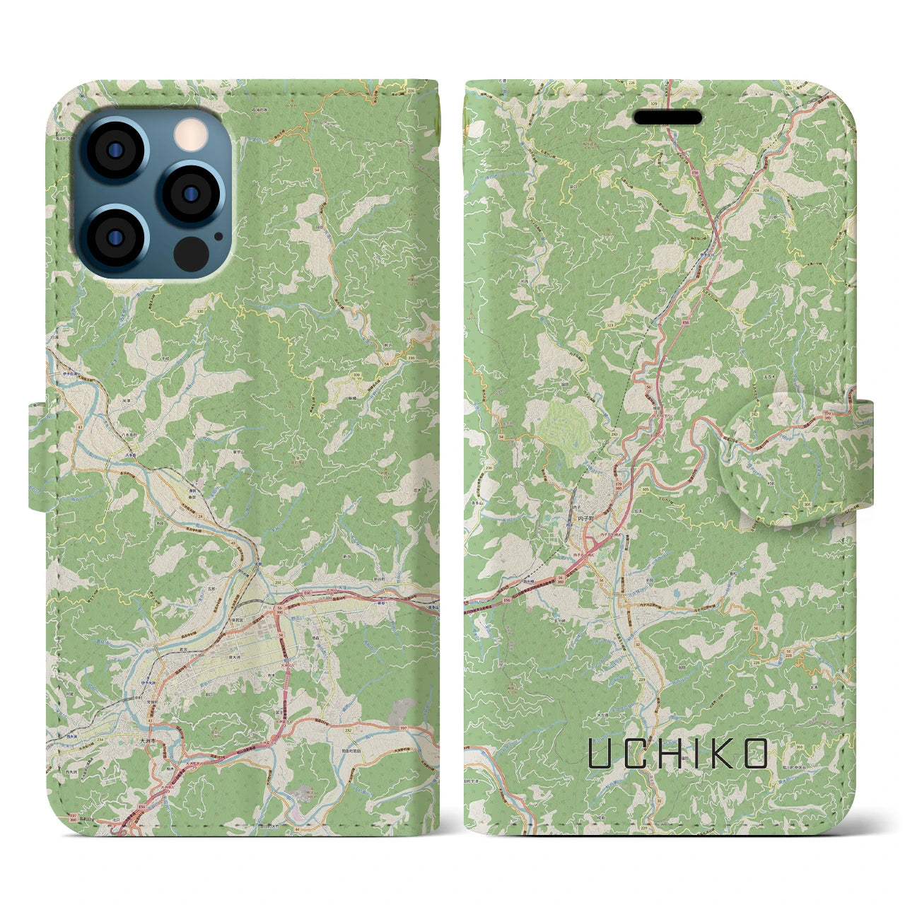 【内子(愛媛県)】地図柄iPhoneケース(手帳タイプ)ナチュラル・iPhone 12 / 12 Pro 用