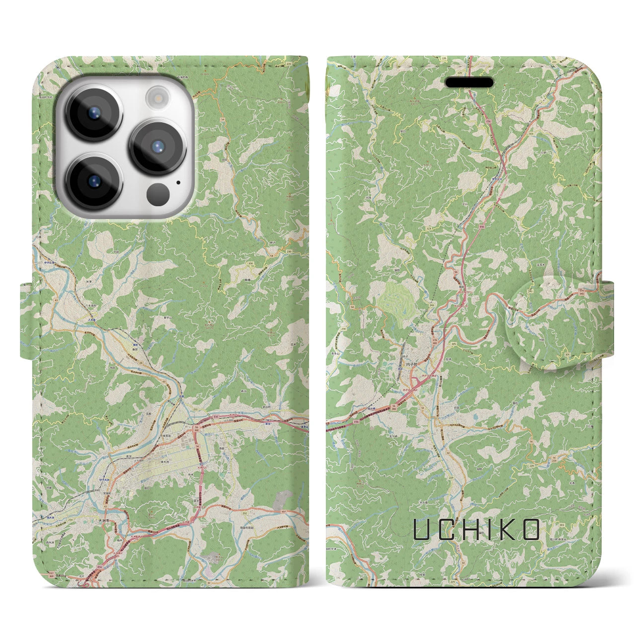 【内子(愛媛県)】地図柄iPhoneケース(手帳タイプ)ナチュラル・iPhone 14 Pro 用