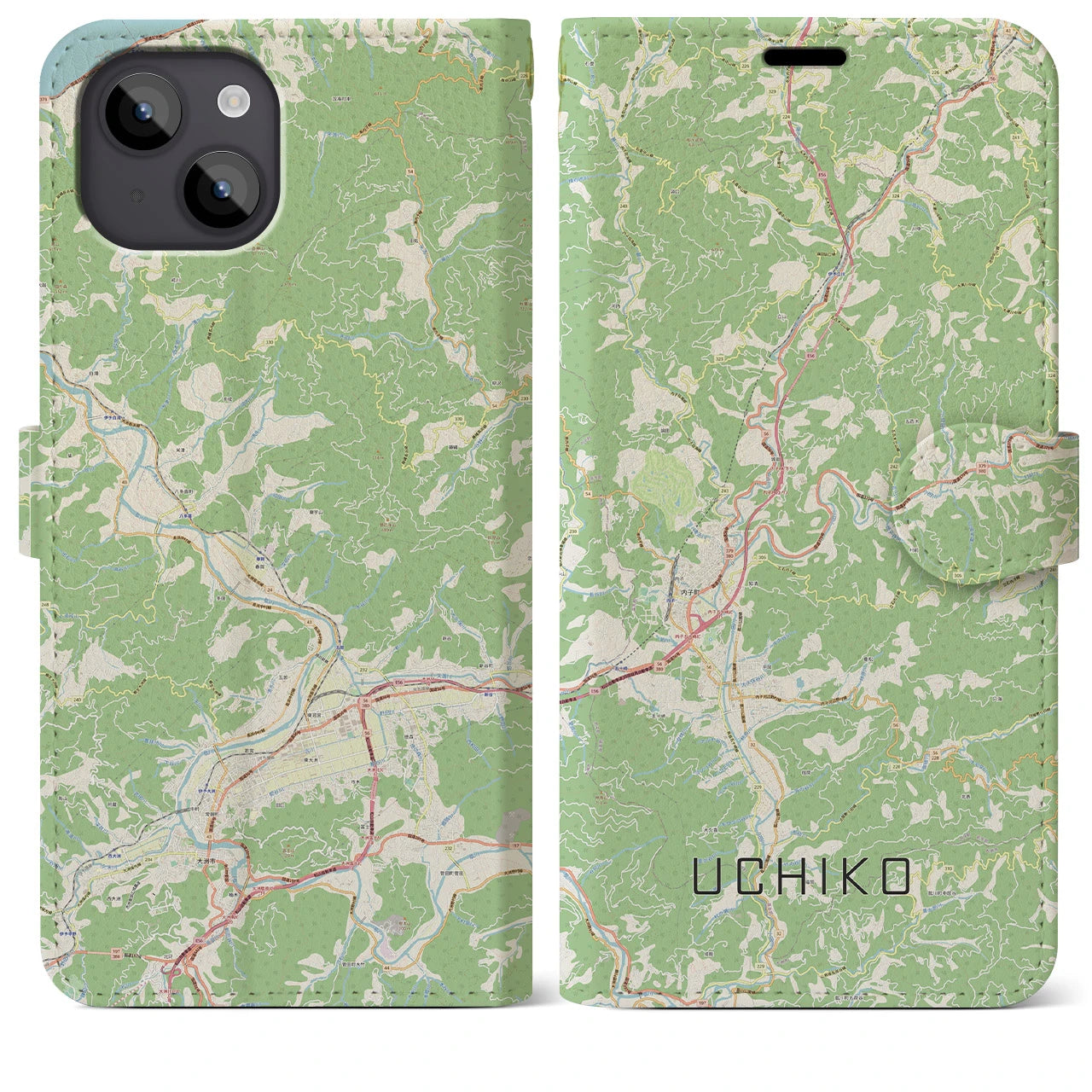 【内子(愛媛県)】地図柄iPhoneケース(手帳タイプ)ナチュラル・iPhone 14 Plus 用