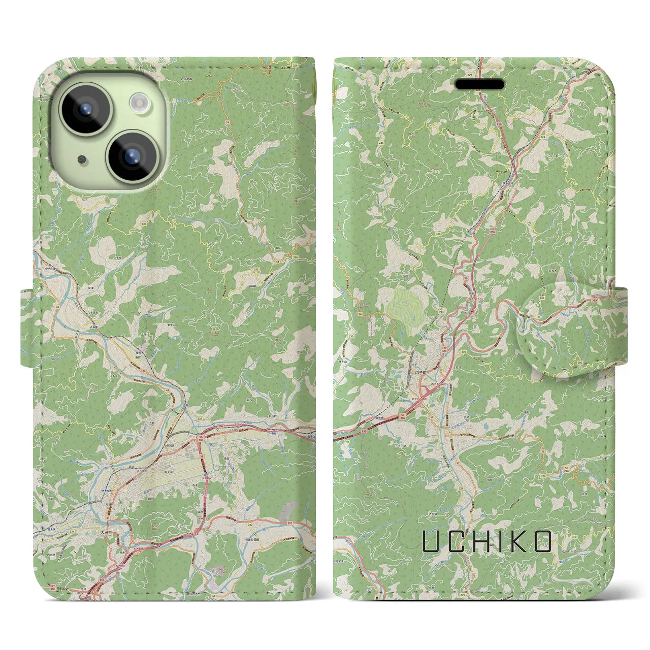 【内子(愛媛県)】地図柄iPhoneケース(手帳タイプ)ナチュラル・iPhone 15 用