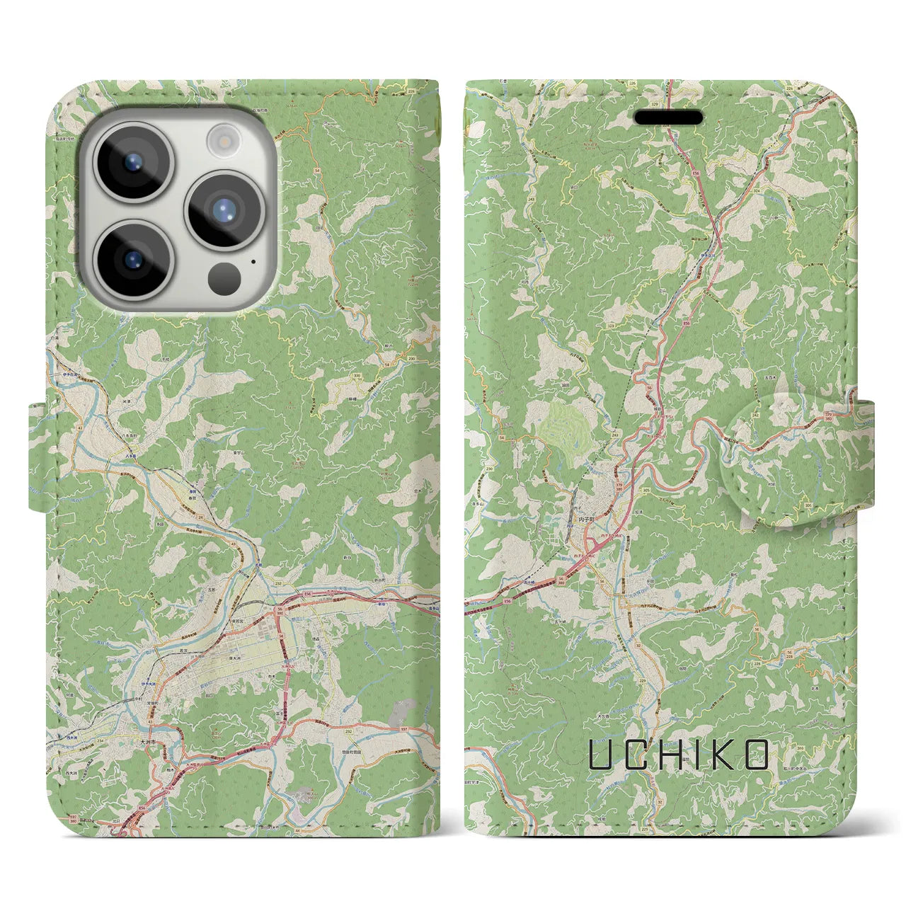 【内子(愛媛県)】地図柄iPhoneケース(手帳タイプ)ナチュラル・iPhone 15 Pro 用