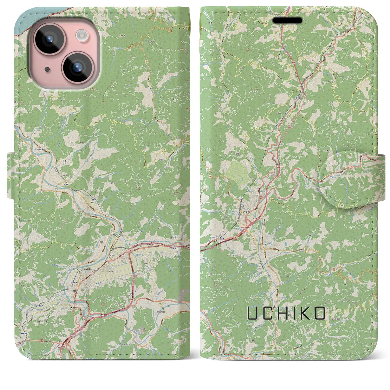 【内子(愛媛県)】地図柄iPhoneケース(手帳タイプ)ナチュラル・iPhone 15 Plus 用