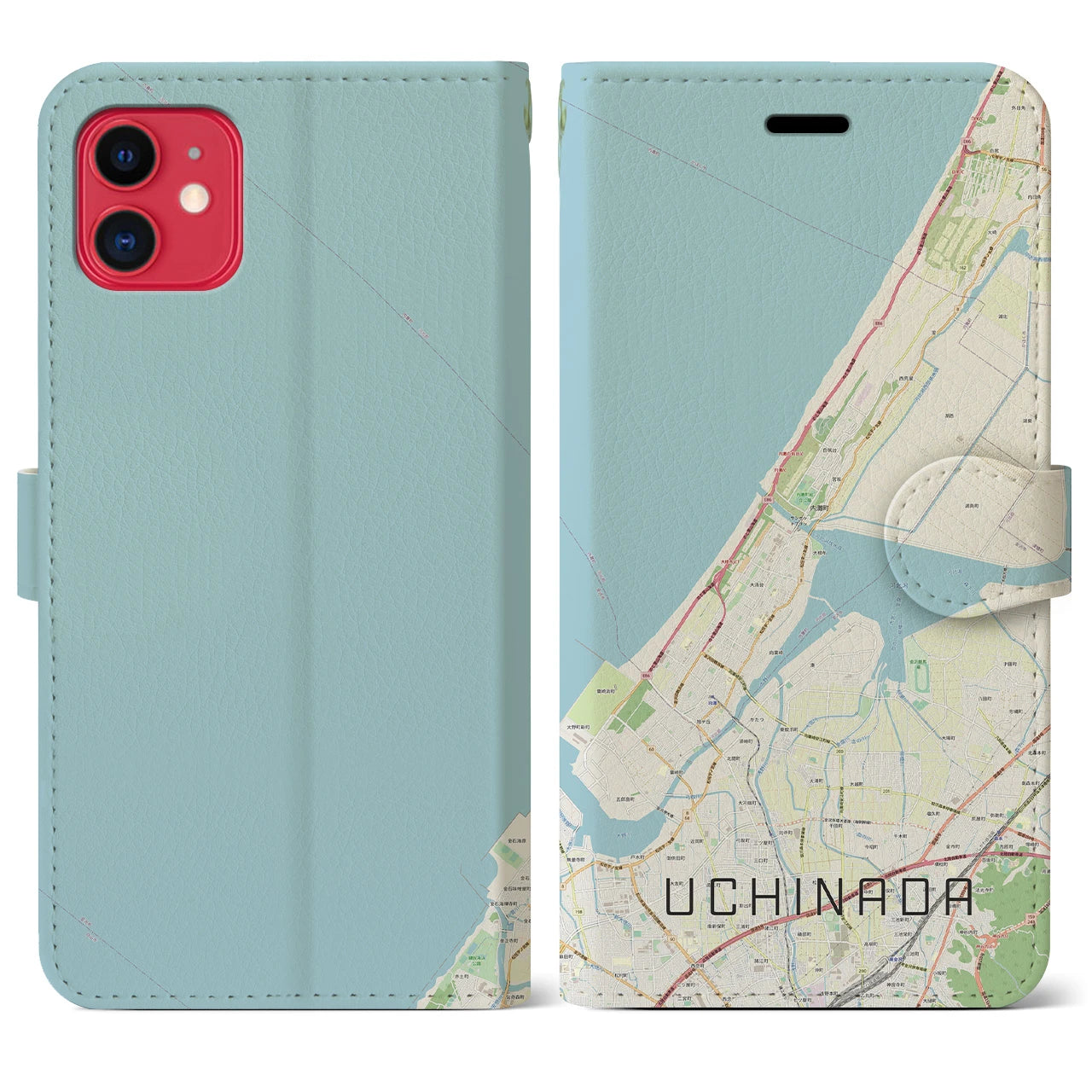 【内灘(石川県)】地図柄iPhoneケース(手帳タイプ)ナチュラル・iPhone 11 用
