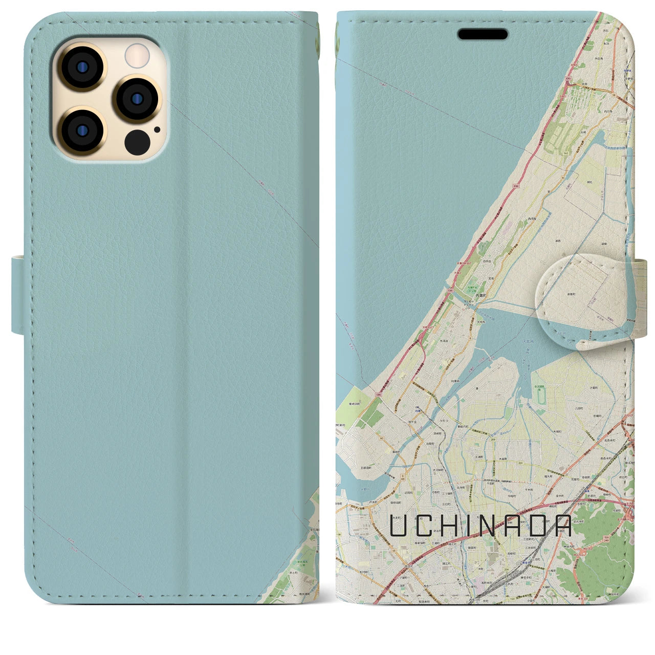 【内灘(石川県)】地図柄iPhoneケース(手帳タイプ)ナチュラル・iPhone 12 Pro Max 用