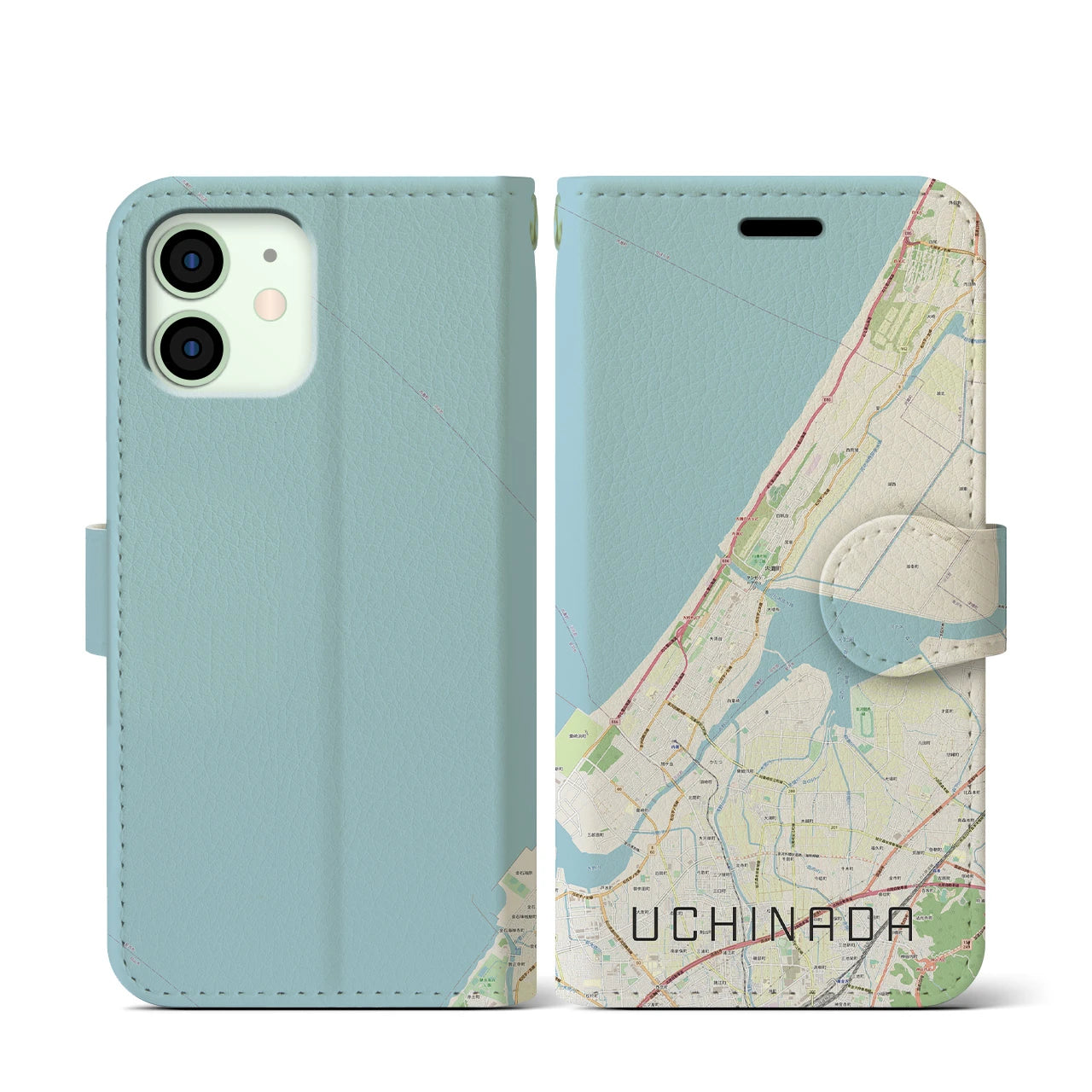 【内灘(石川県)】地図柄iPhoneケース(手帳タイプ)ナチュラル・iPhone 12 mini 用