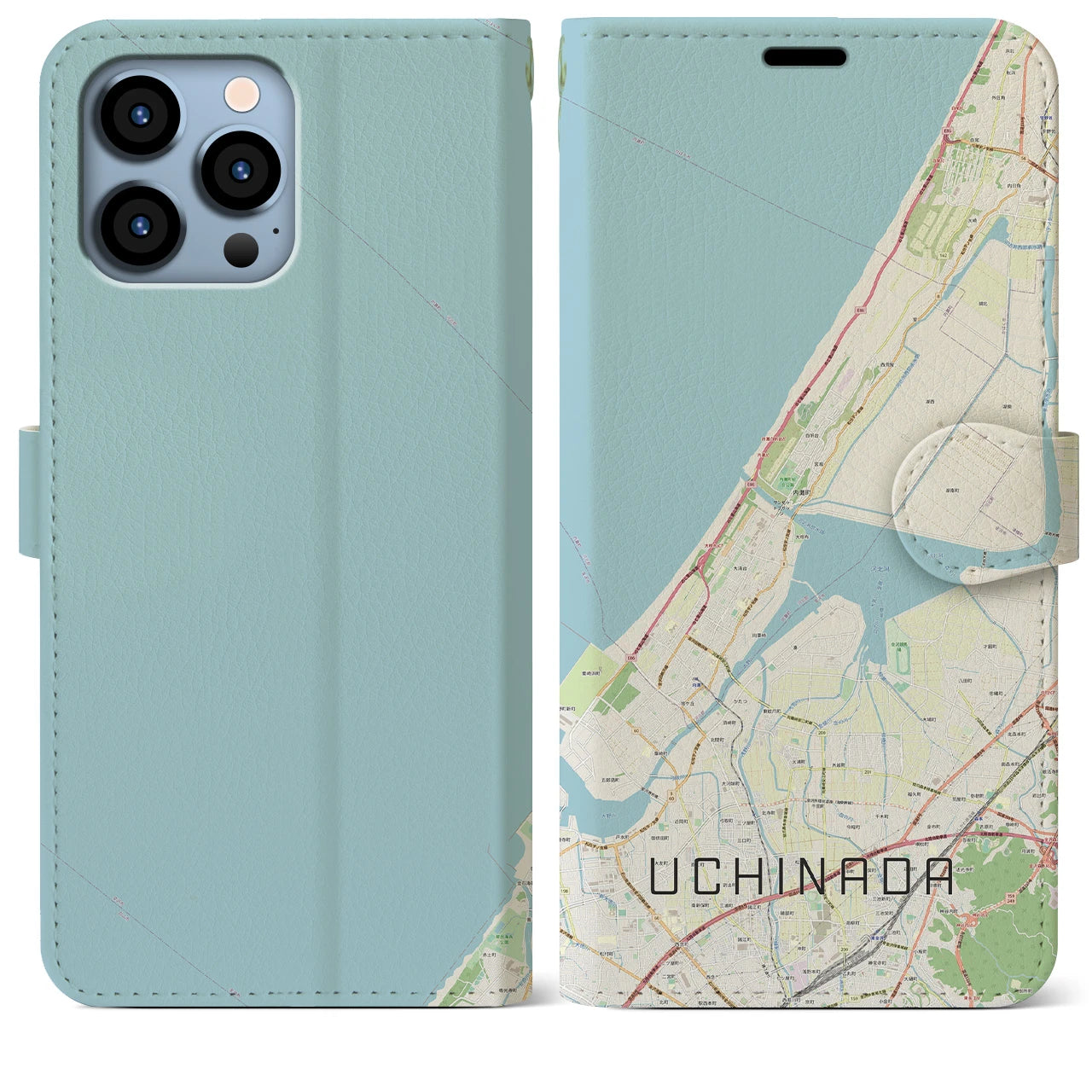 【内灘(石川県)】地図柄iPhoneケース(手帳タイプ)ナチュラル・iPhone 13 Pro Max 用