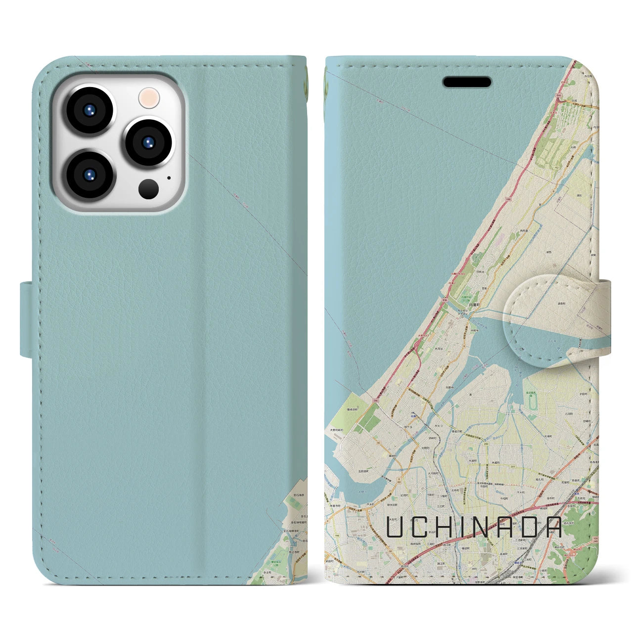 【内灘(石川県)】地図柄iPhoneケース(手帳タイプ)ナチュラル・iPhone 13 Pro 用