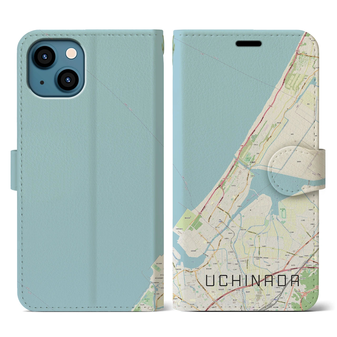 【内灘(石川県)】地図柄iPhoneケース(手帳タイプ)ナチュラル・iPhone 13 用