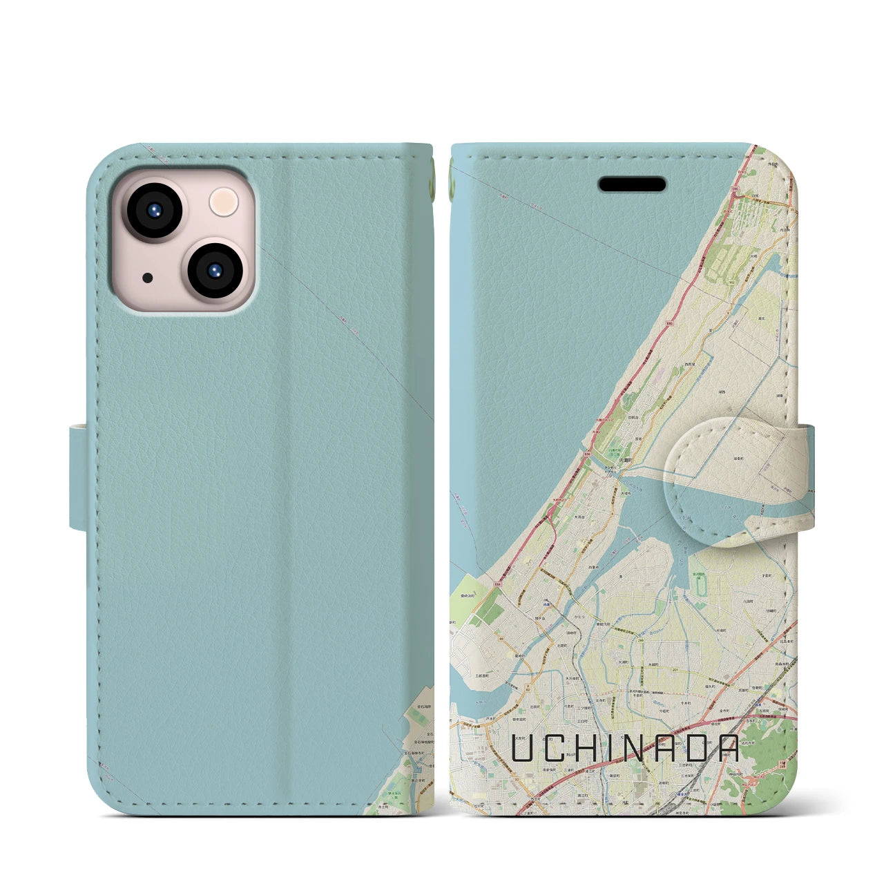 【内灘(石川県)】地図柄iPhoneケース(手帳タイプ)ナチュラル・iPhone 13 mini 用