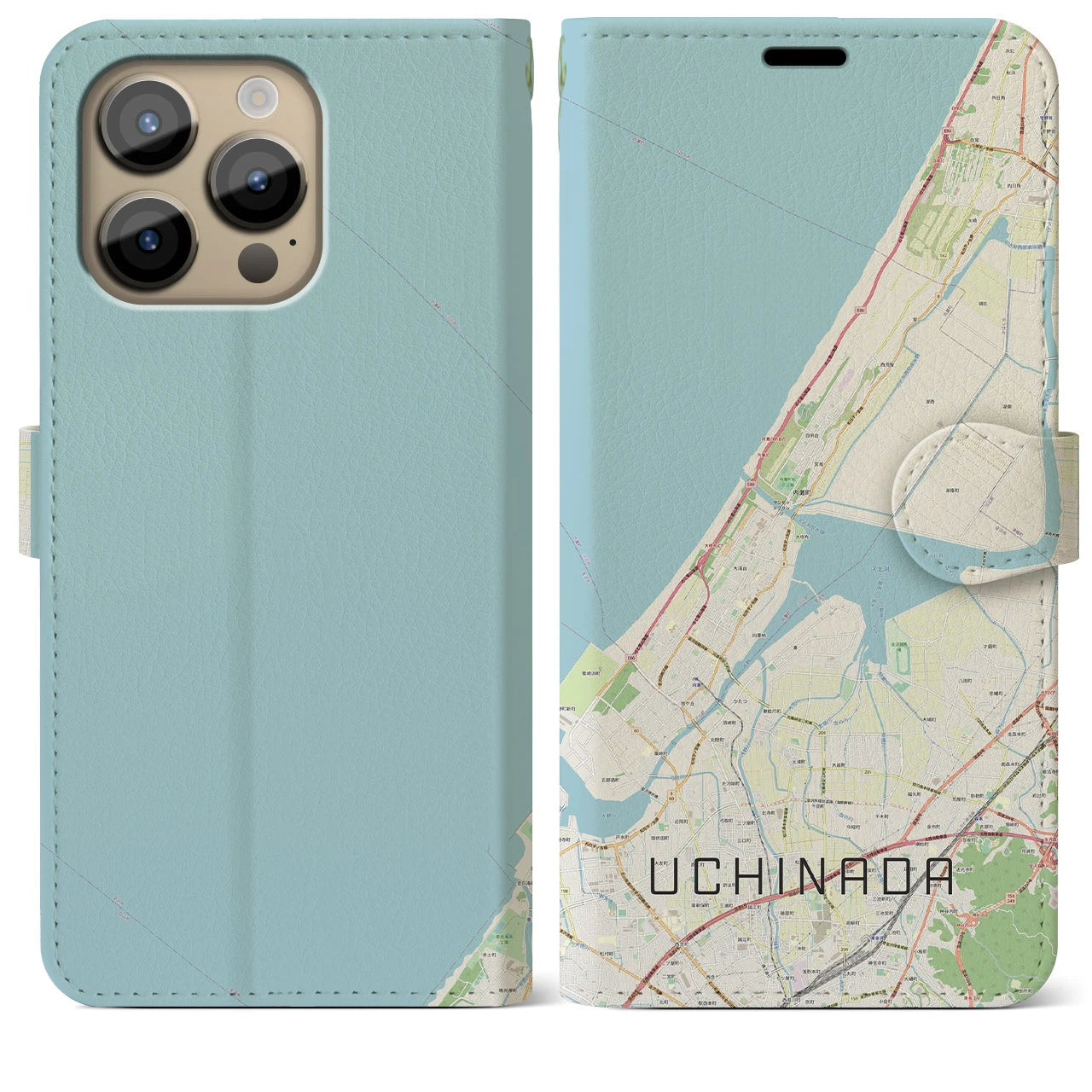 【内灘(石川県)】地図柄iPhoneケース(手帳タイプ)ナチュラル・iPhone 14 Pro Max 用