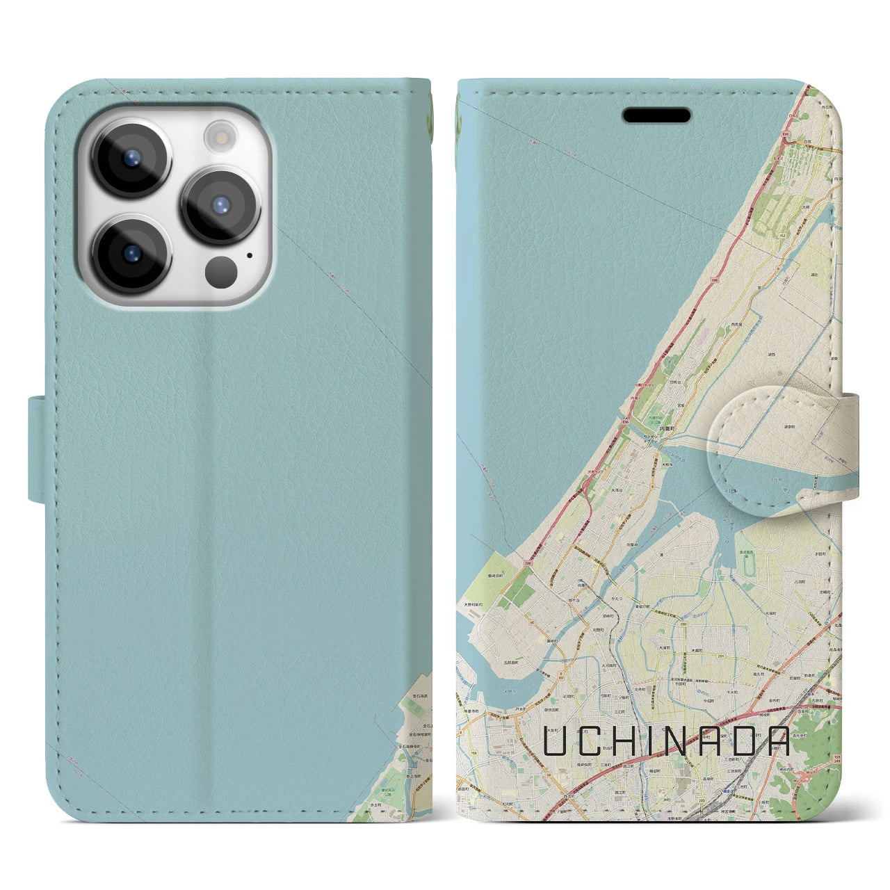 【内灘(石川県)】地図柄iPhoneケース(手帳タイプ)ナチュラル・iPhone 14 Pro 用
