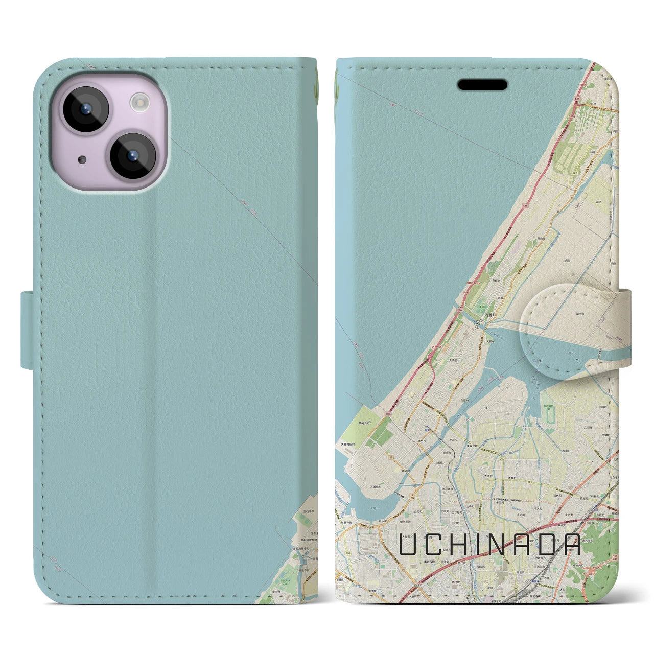 【内灘(石川県)】地図柄iPhoneケース(手帳タイプ)ナチュラル・iPhone 14 用