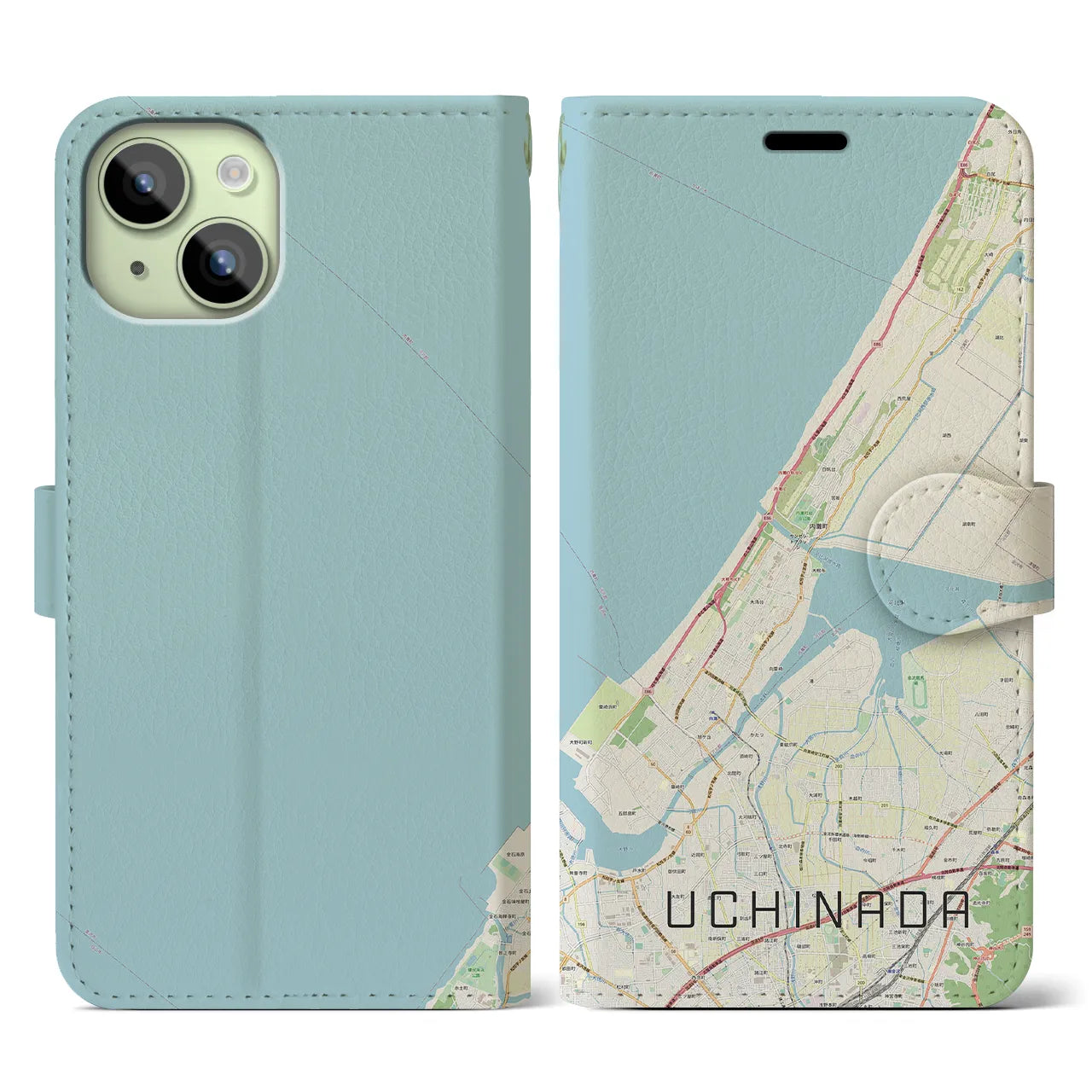 【内灘(石川県)】地図柄iPhoneケース(手帳タイプ)ナチュラル・iPhone 15 用