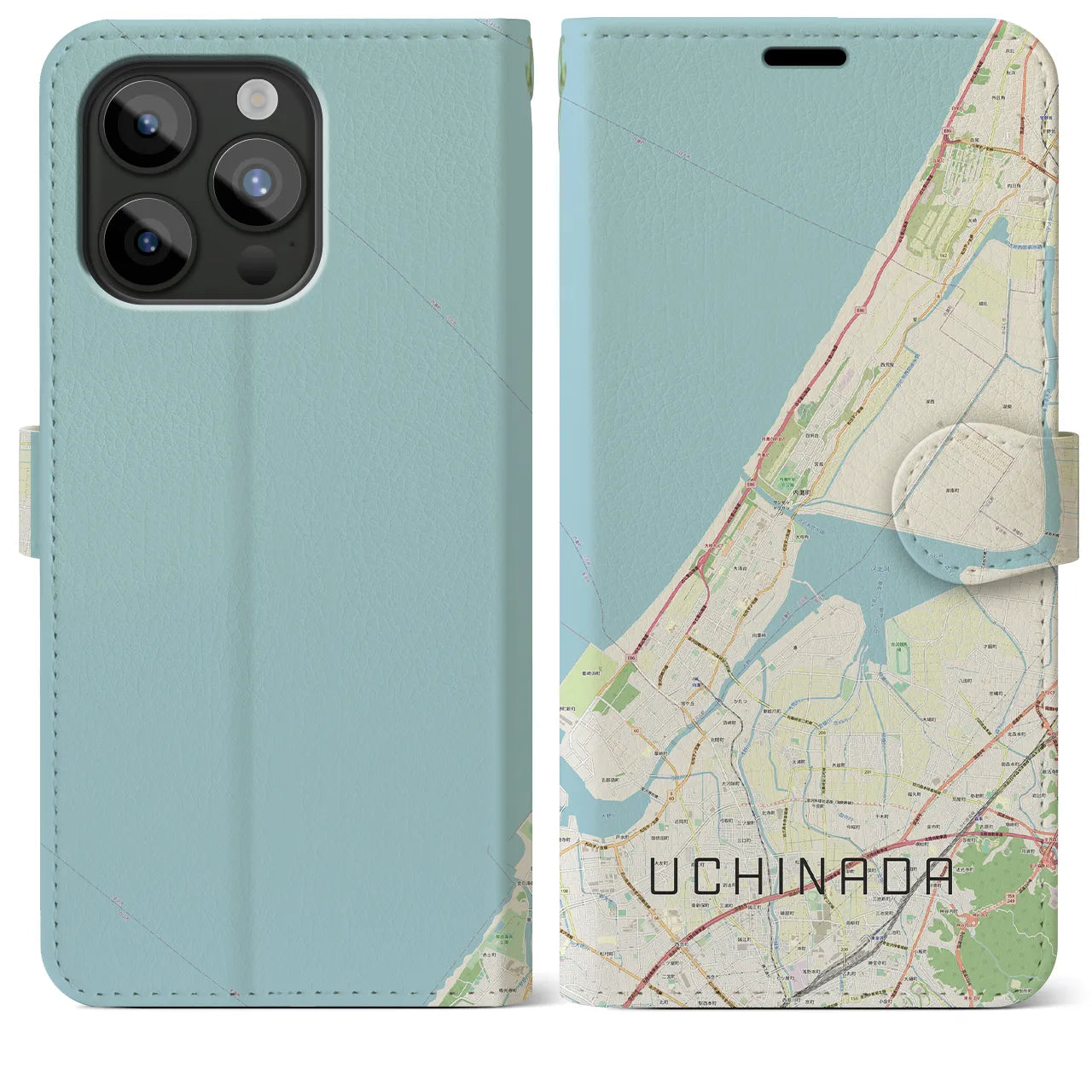 【内灘(石川県)】地図柄iPhoneケース(手帳タイプ)ナチュラル・iPhone 15 Pro Max 用