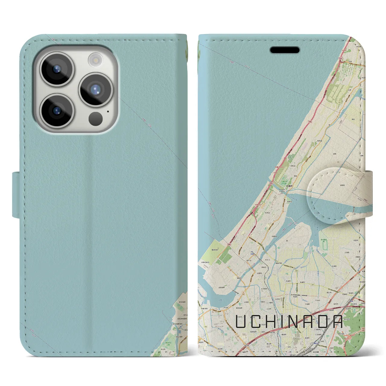 【内灘(石川県)】地図柄iPhoneケース(手帳タイプ)ナチュラル・iPhone 15 Pro 用