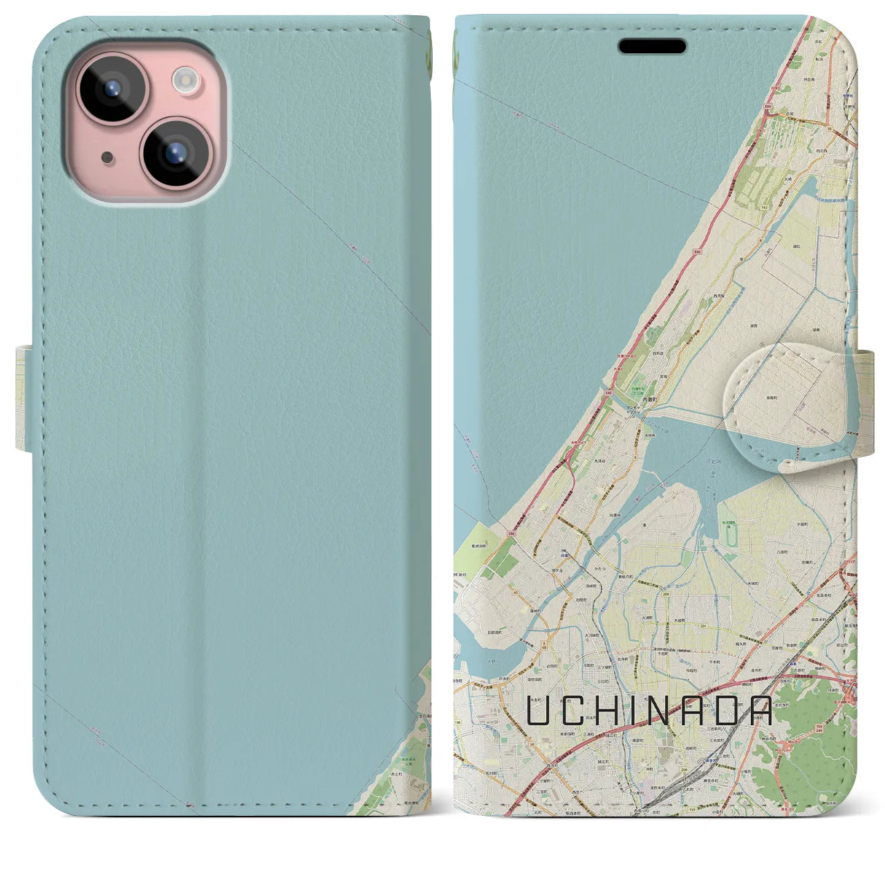【内灘(石川県)】地図柄iPhoneケース(手帳タイプ)ナチュラル・iPhone 15 Plus 用
