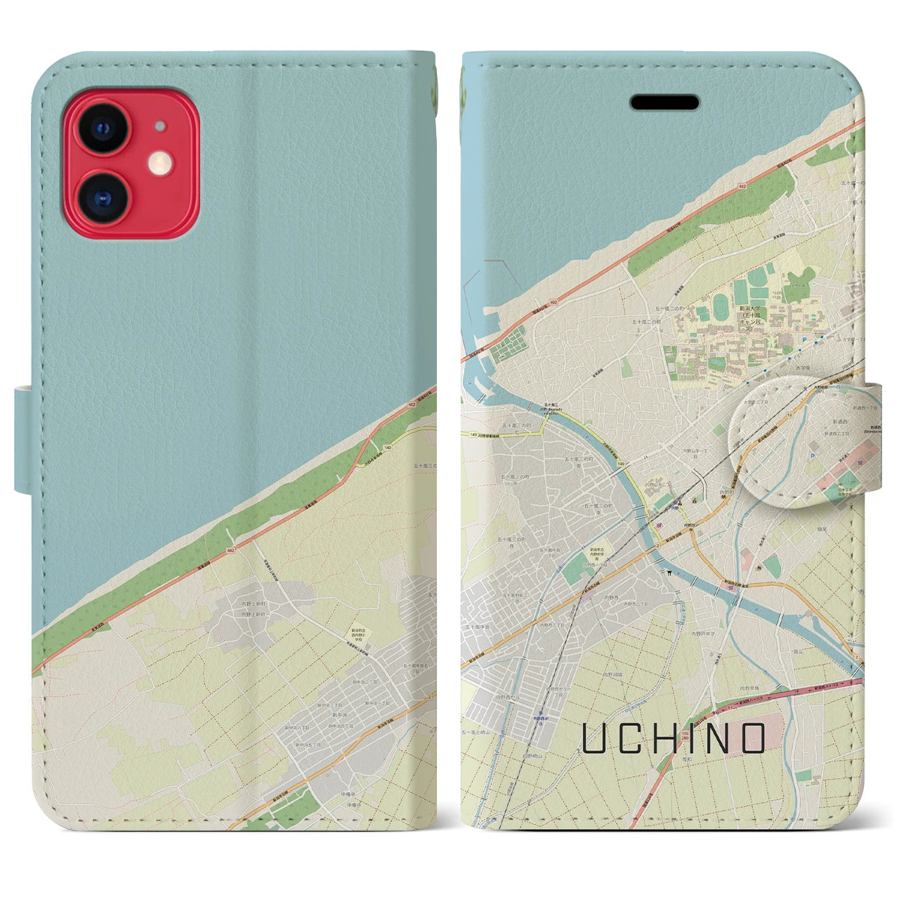 【内野(新潟県)】地図柄iPhoneケース(手帳タイプ)ナチュラル・iPhone 11 用
