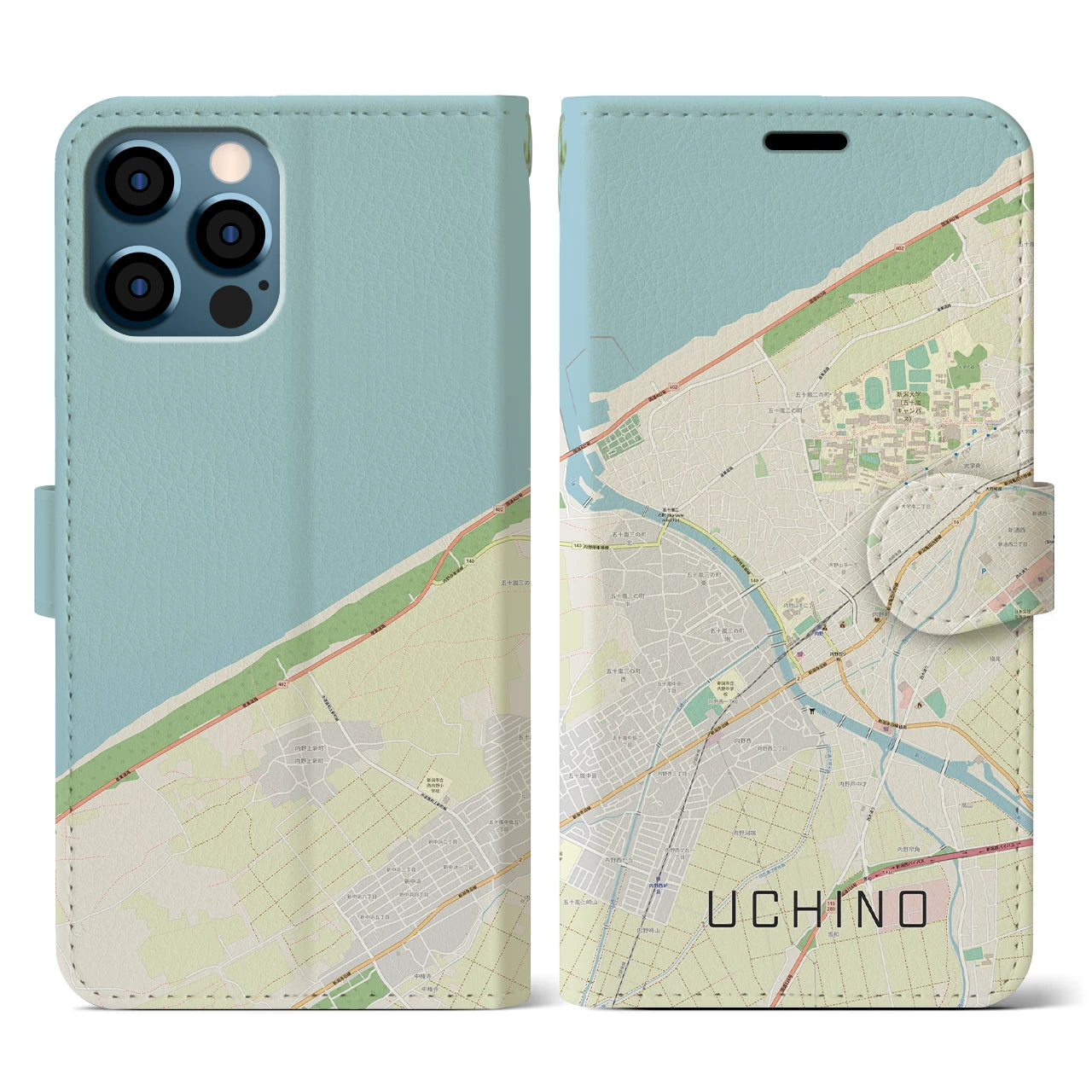 【内野(新潟県)】地図柄iPhoneケース(手帳タイプ)ナチュラル・iPhone 12 / 12 Pro 用