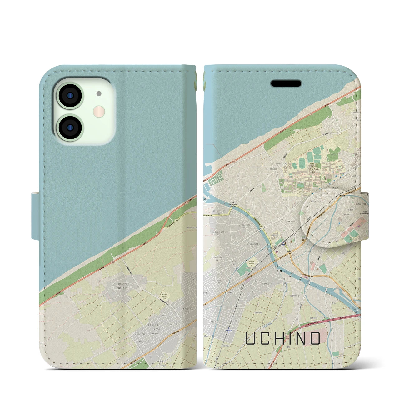 【内野(新潟県)】地図柄iPhoneケース(手帳タイプ)ナチュラル・iPhone 12 mini 用