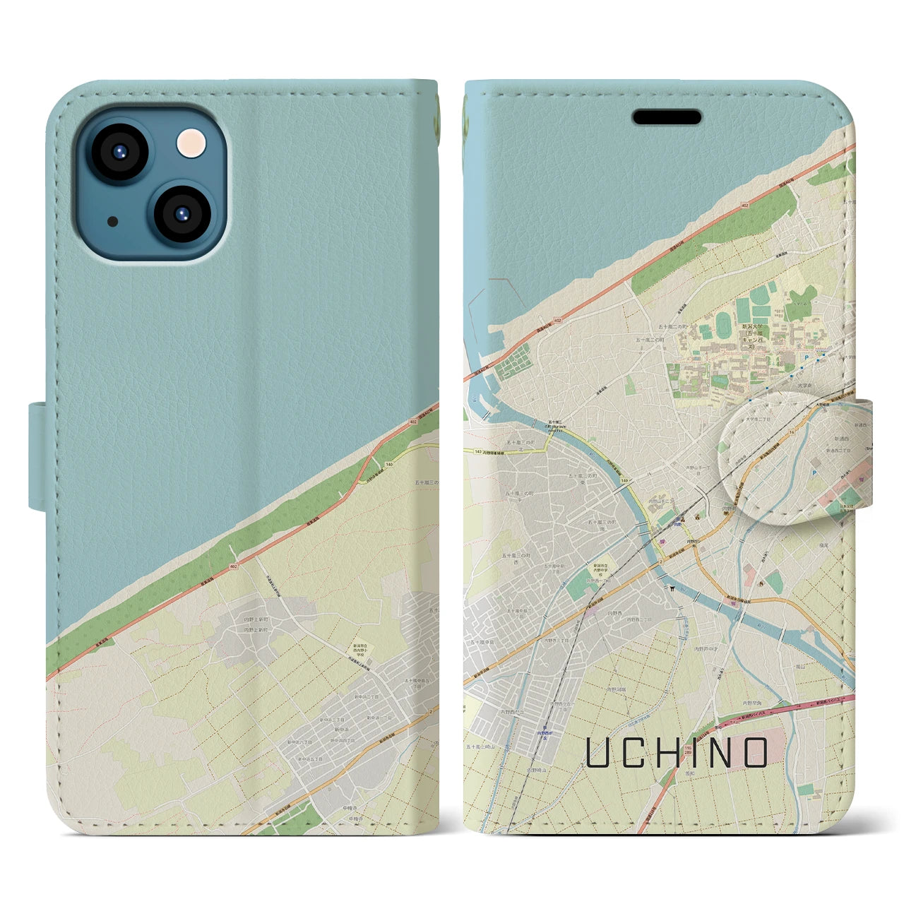 【内野(新潟県)】地図柄iPhoneケース(手帳タイプ)ナチュラル・iPhone 13 用