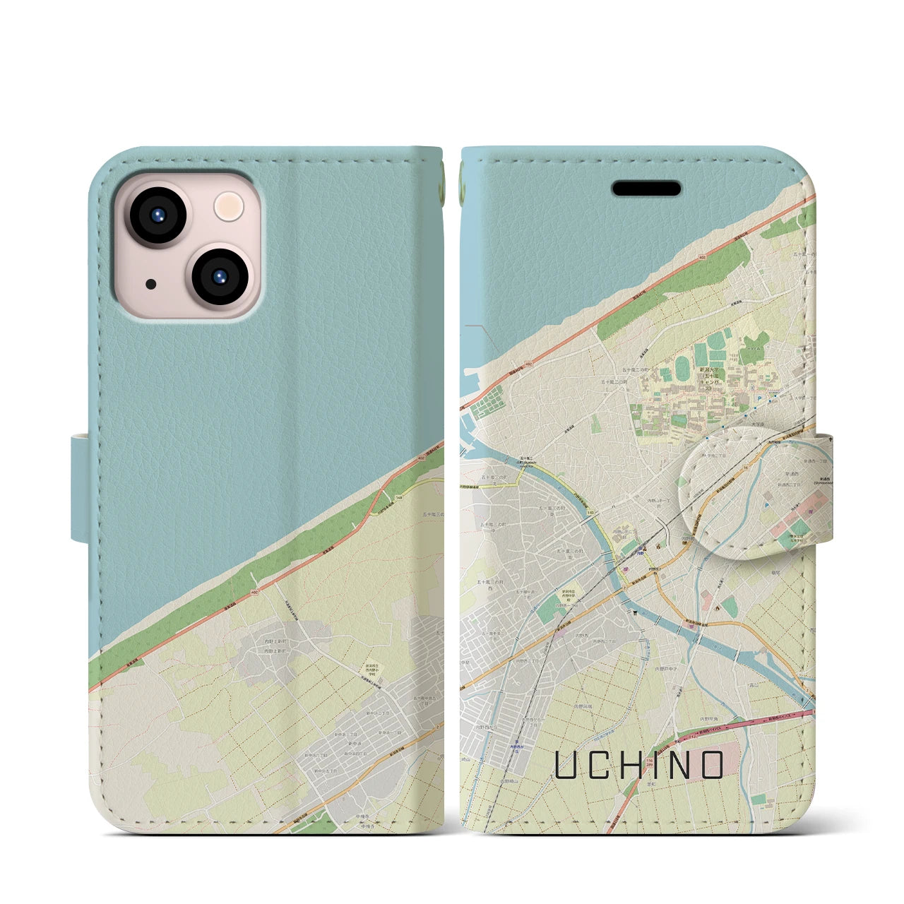 【内野(新潟県)】地図柄iPhoneケース(手帳タイプ)ナチュラル・iPhone 13 mini 用