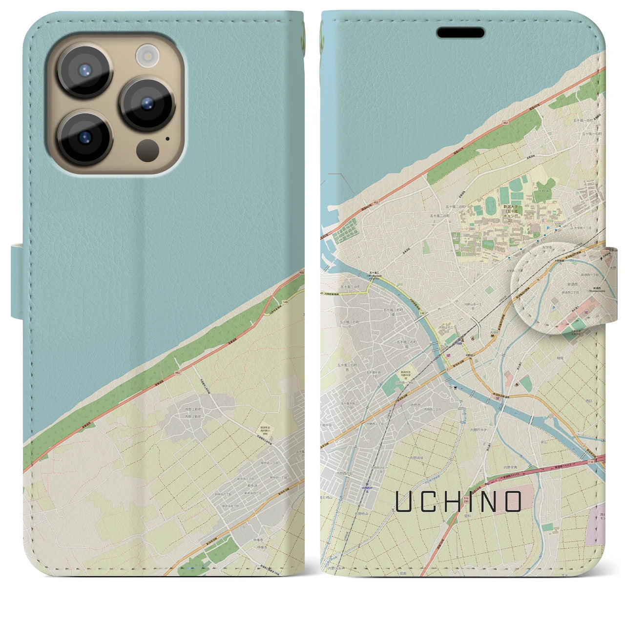 【内野(新潟県)】地図柄iPhoneケース(手帳タイプ)ナチュラル・iPhone 14 Pro Max 用