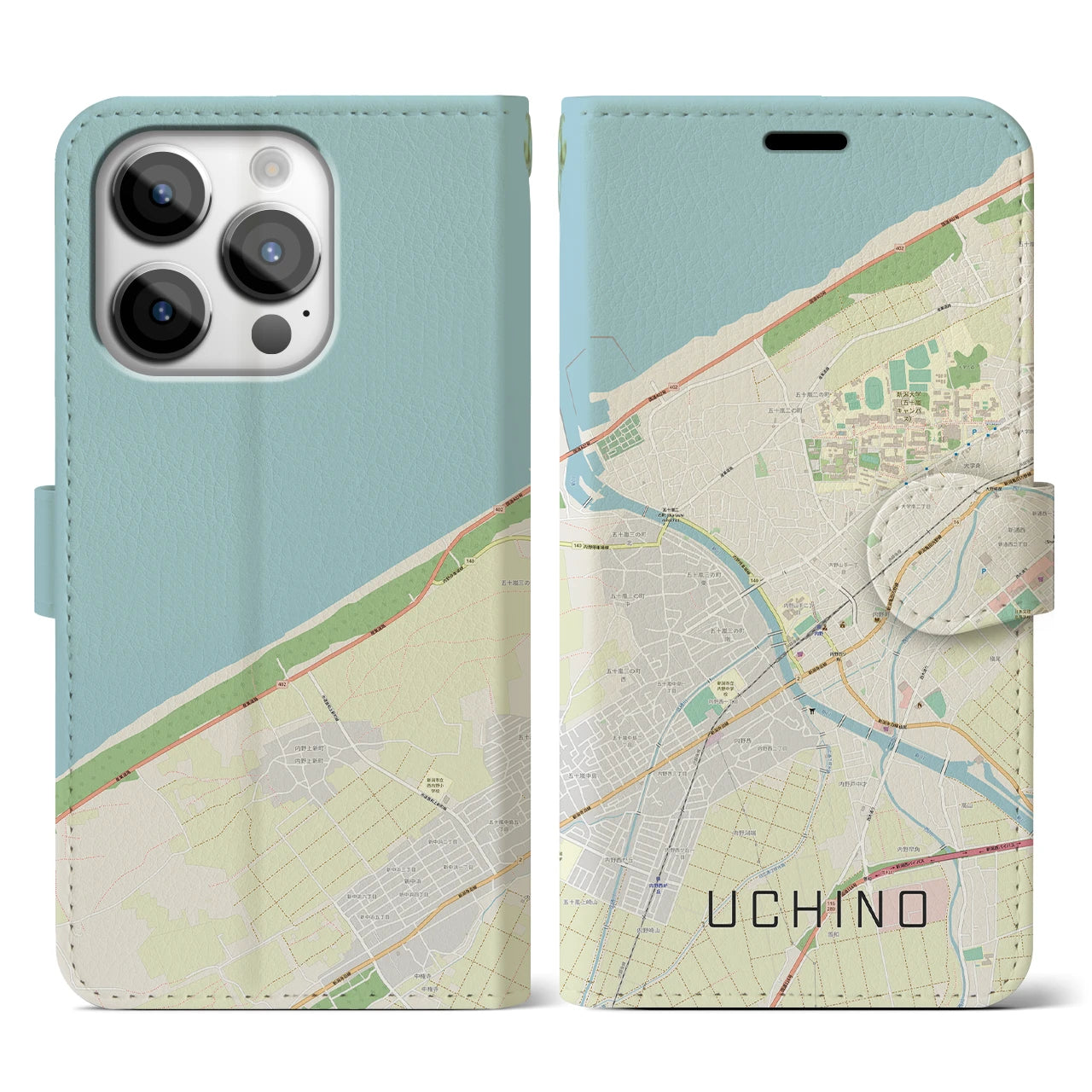 【内野(新潟県)】地図柄iPhoneケース(手帳タイプ)ナチュラル・iPhone 14 Pro 用