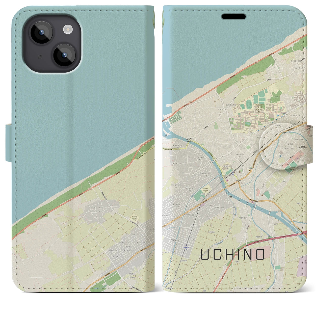 【内野(新潟県)】地図柄iPhoneケース(手帳タイプ)ナチュラル・iPhone 14 Plus 用