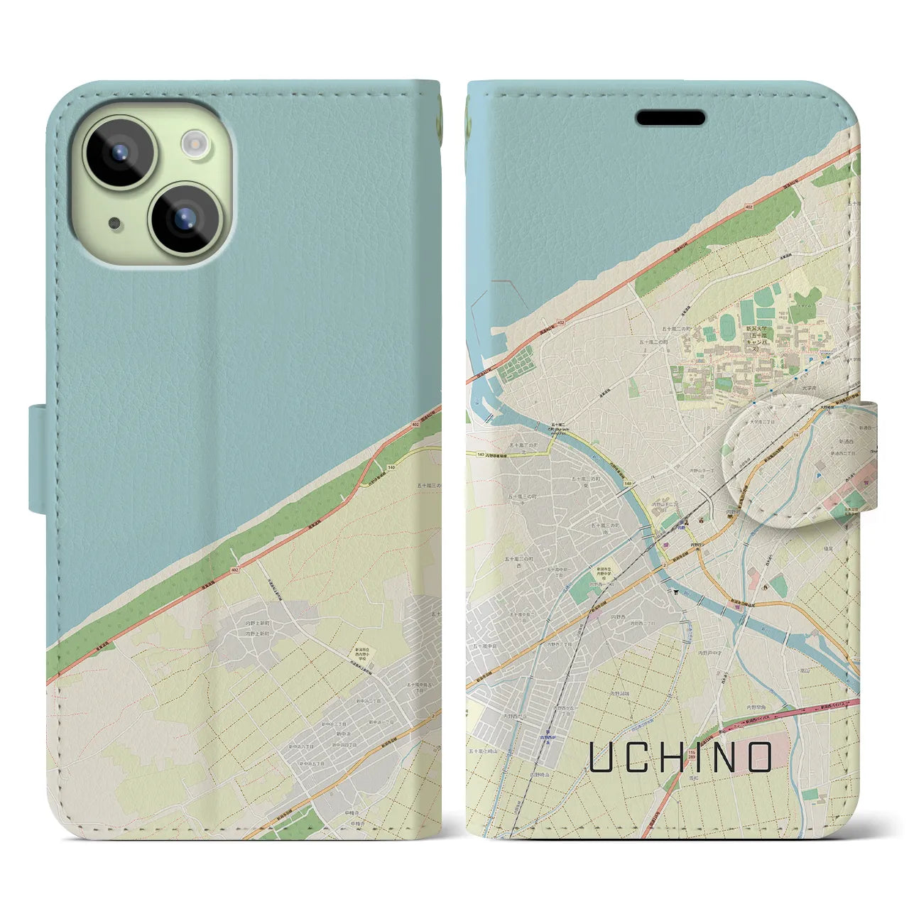 【内野(新潟県)】地図柄iPhoneケース(手帳タイプ)ナチュラル・iPhone 15 用