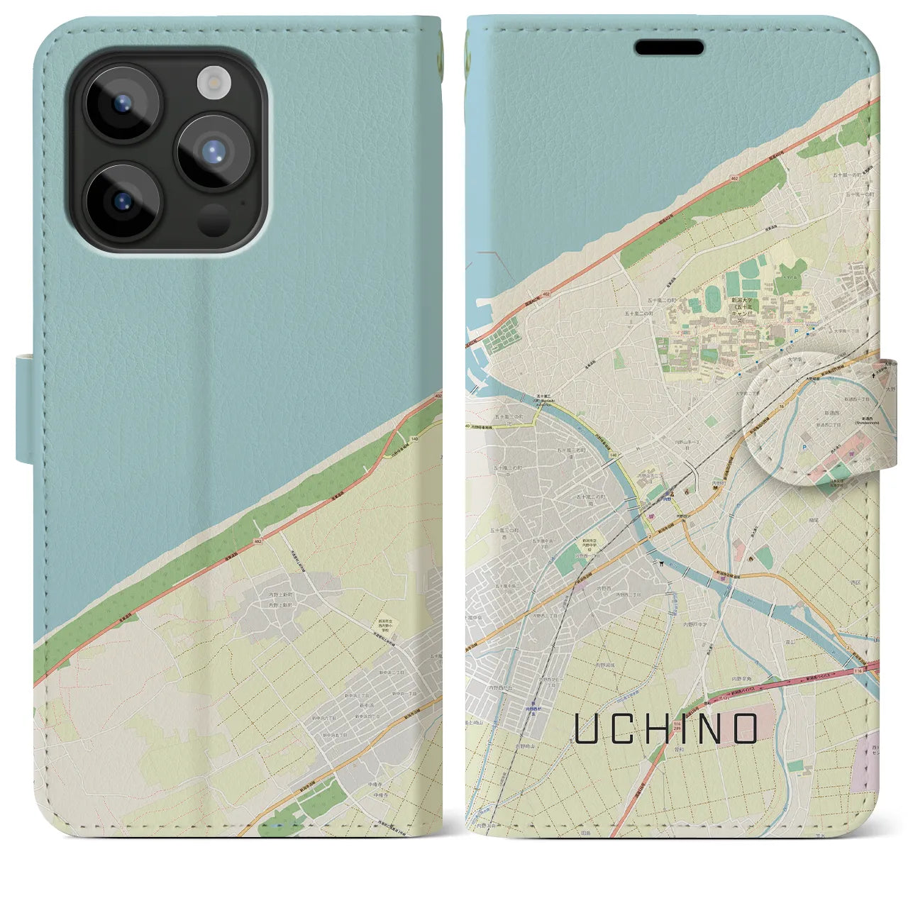 【内野(新潟県)】地図柄iPhoneケース(手帳タイプ)ナチュラル・iPhone 15 Pro Max 用