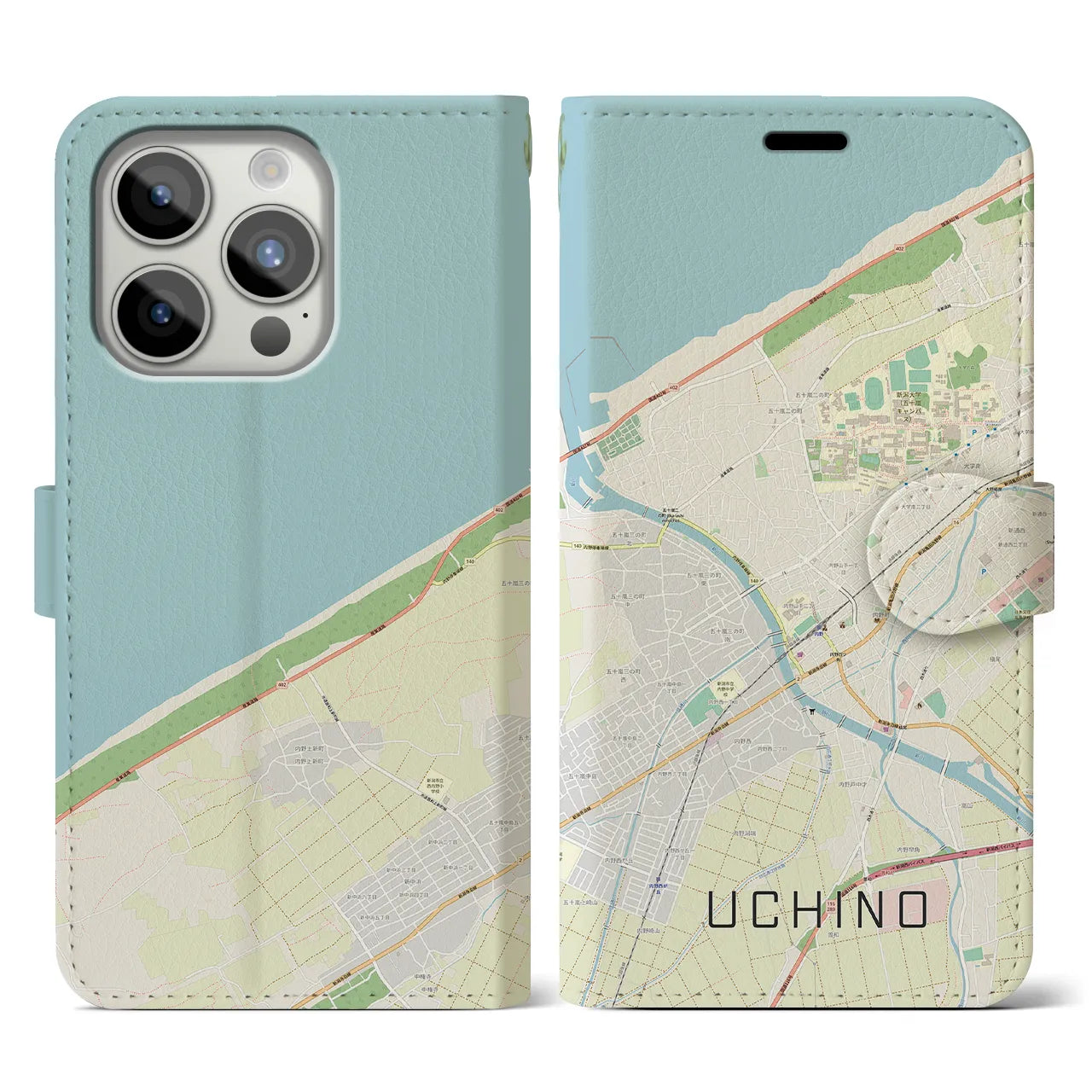 【内野(新潟県)】地図柄iPhoneケース(手帳タイプ)ナチュラル・iPhone 15 Pro 用